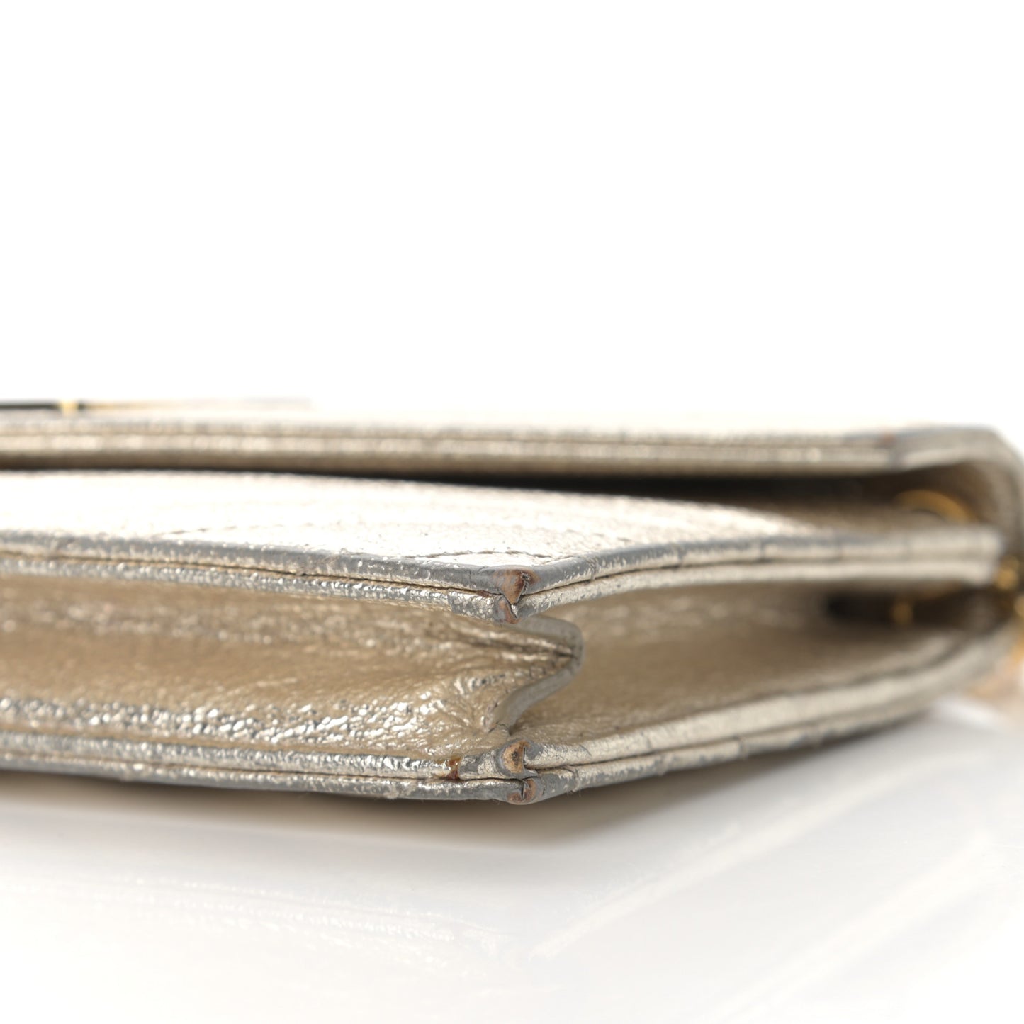 Metallic Crackled Calfskin Matelasse Chevron Monogram Envelope Chain Wallet Gold