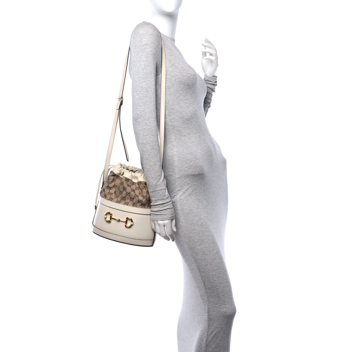 Gucci Monogram Textured Calfskin Horsebit 1955 Drawstring Bucket Bag Beige Mystic White 2 of 13