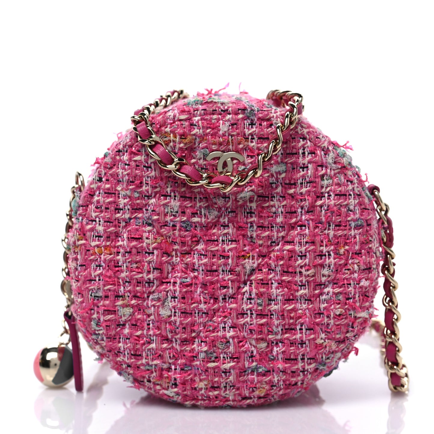 Tweed Quilted Round Clutch With Chain Pink