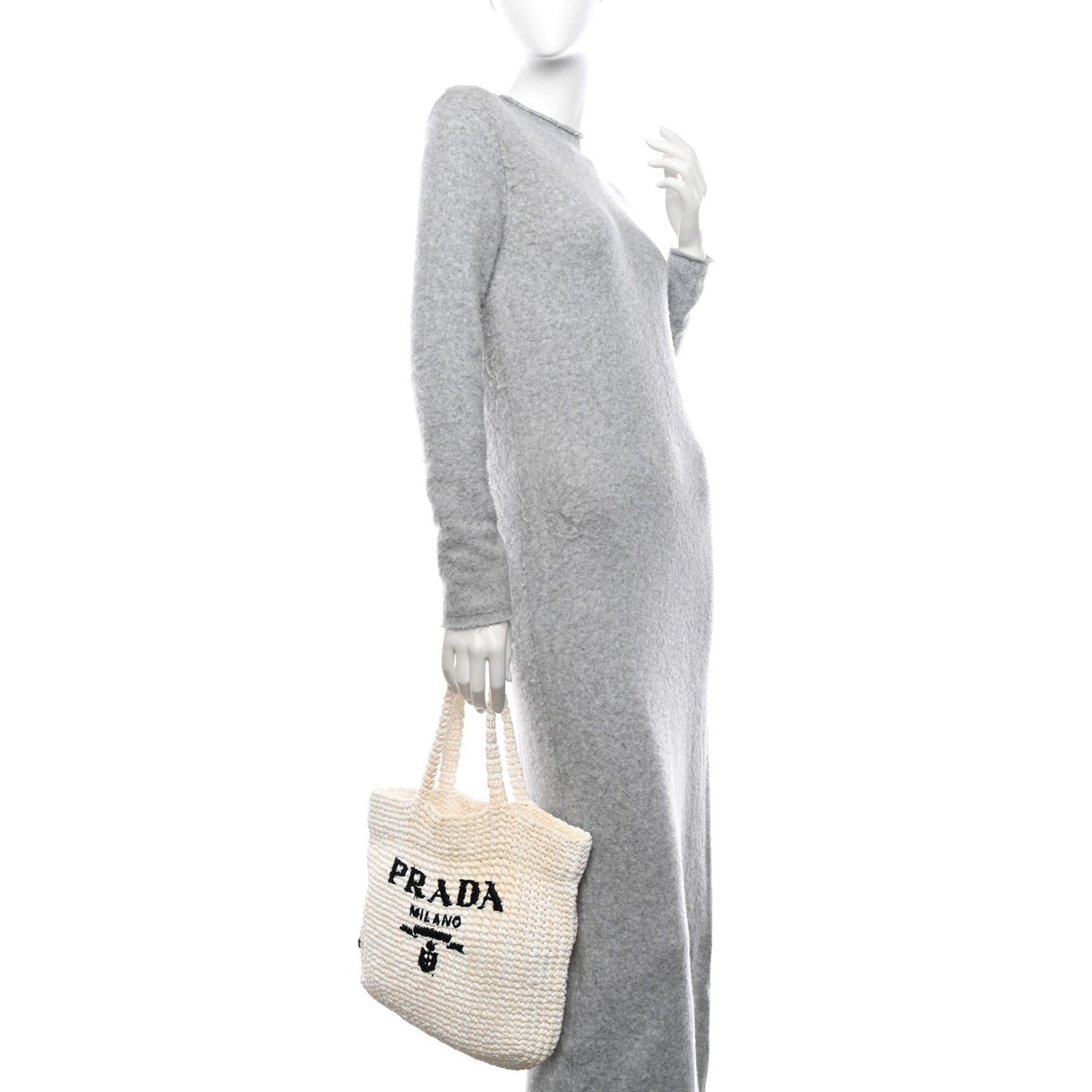 Yarn Raffia Effect Crochet Embroidered Small Logo Tote White