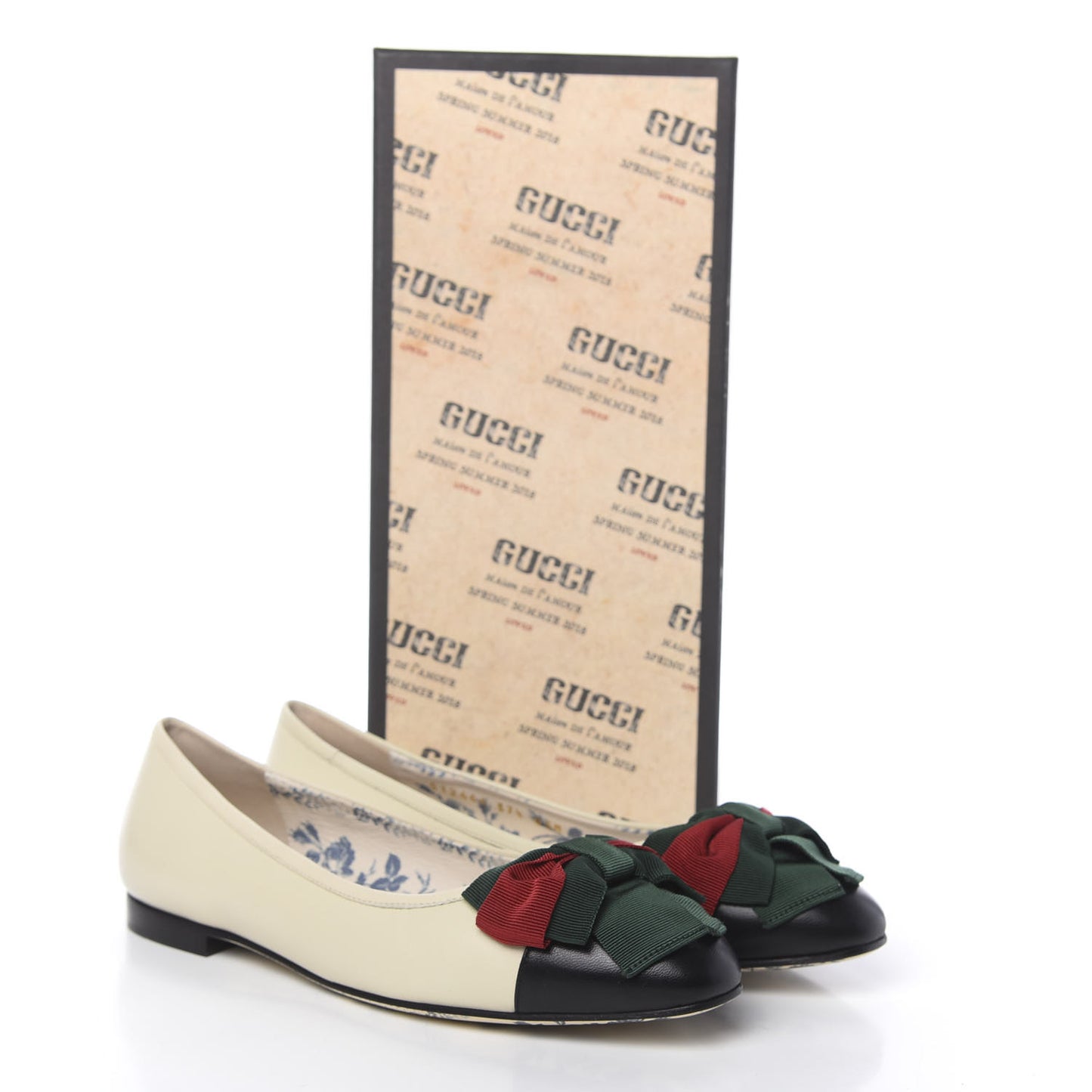 Calfskin Web Bow Womens Ballet Flats 37.5 Black Vintage White