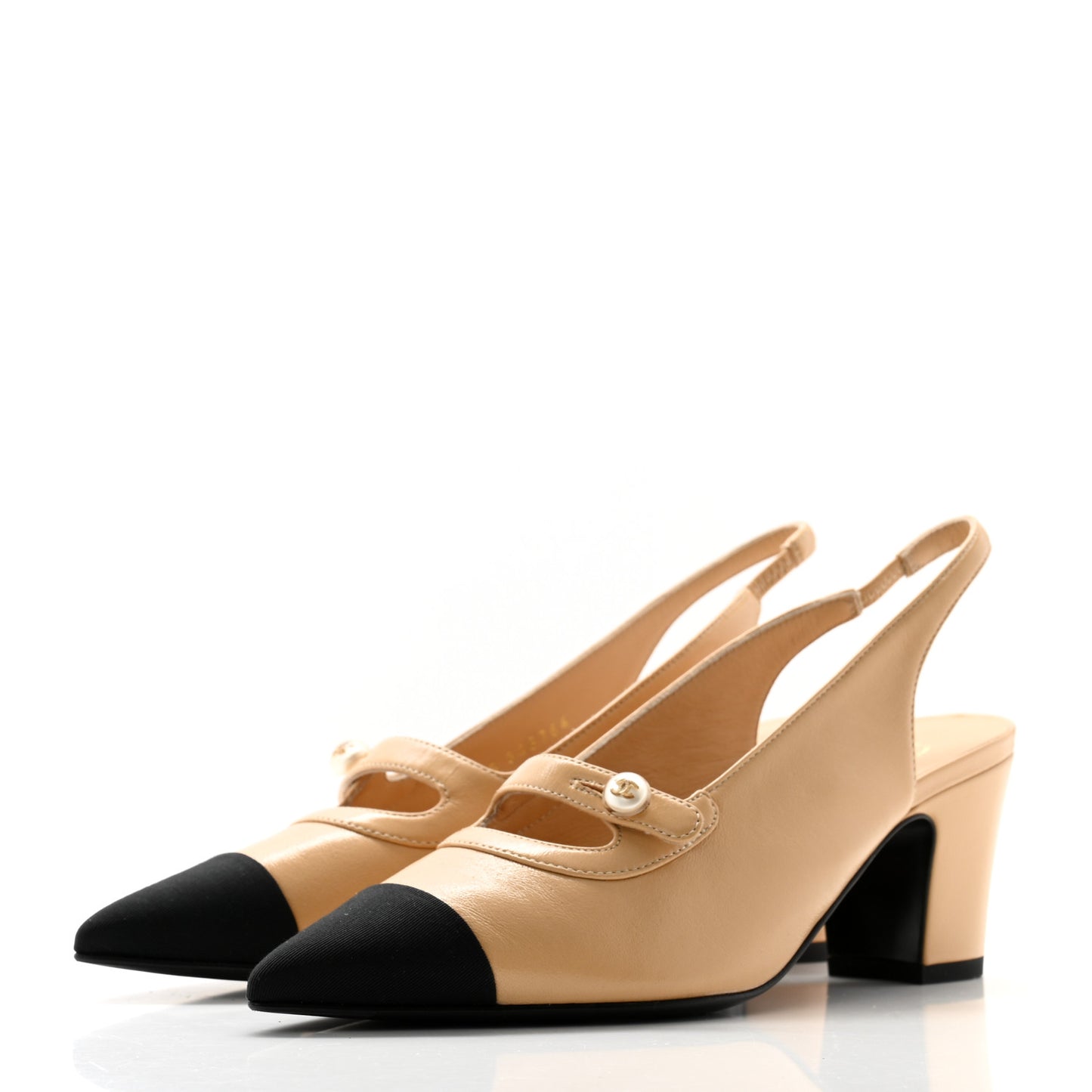 Shiny Lambskin Grosgrain Pointed Toe CC Slingback Pumps 37 Beige Black