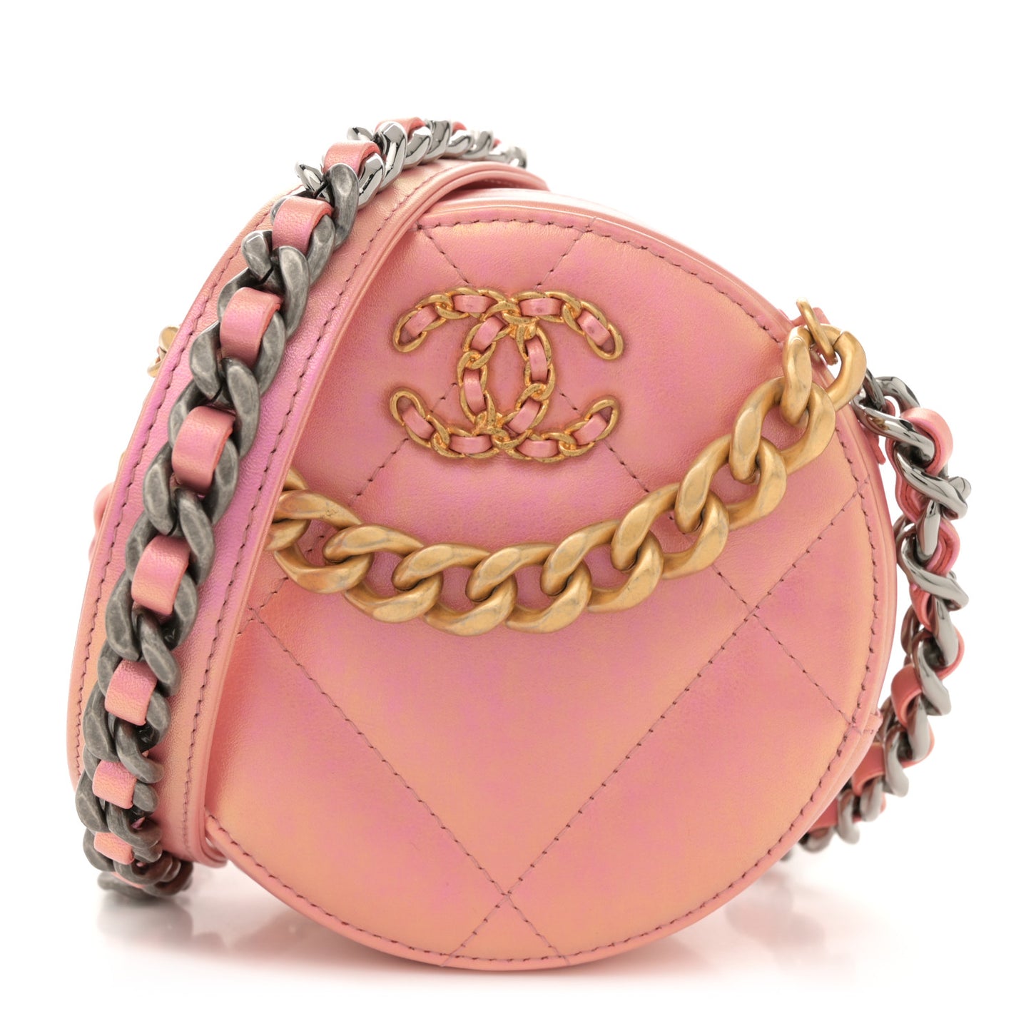 Iridescent Calfskin Quilted Chanel 19 Round Clutch With Chain Pink