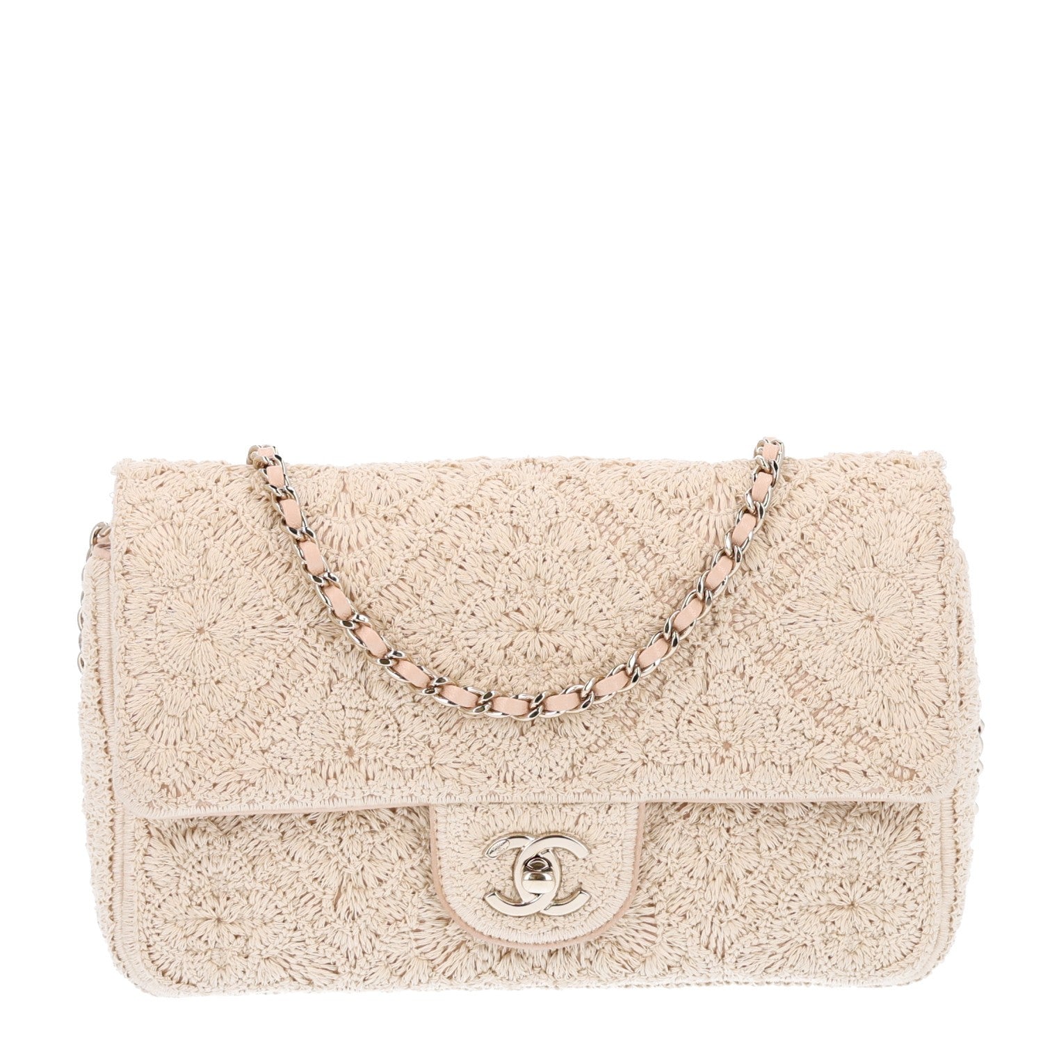 CHANEL カメリア Chanel Crochet Embroidered Camelia Small Rectangular Flap Ecru