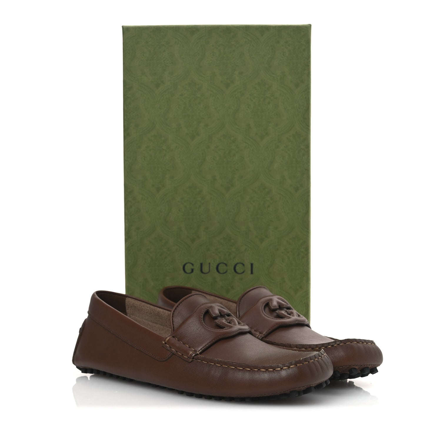 Soft Clove Calfskin GG Supreme Monogram Mens Interlocking G Driver Loafers 8 Brown