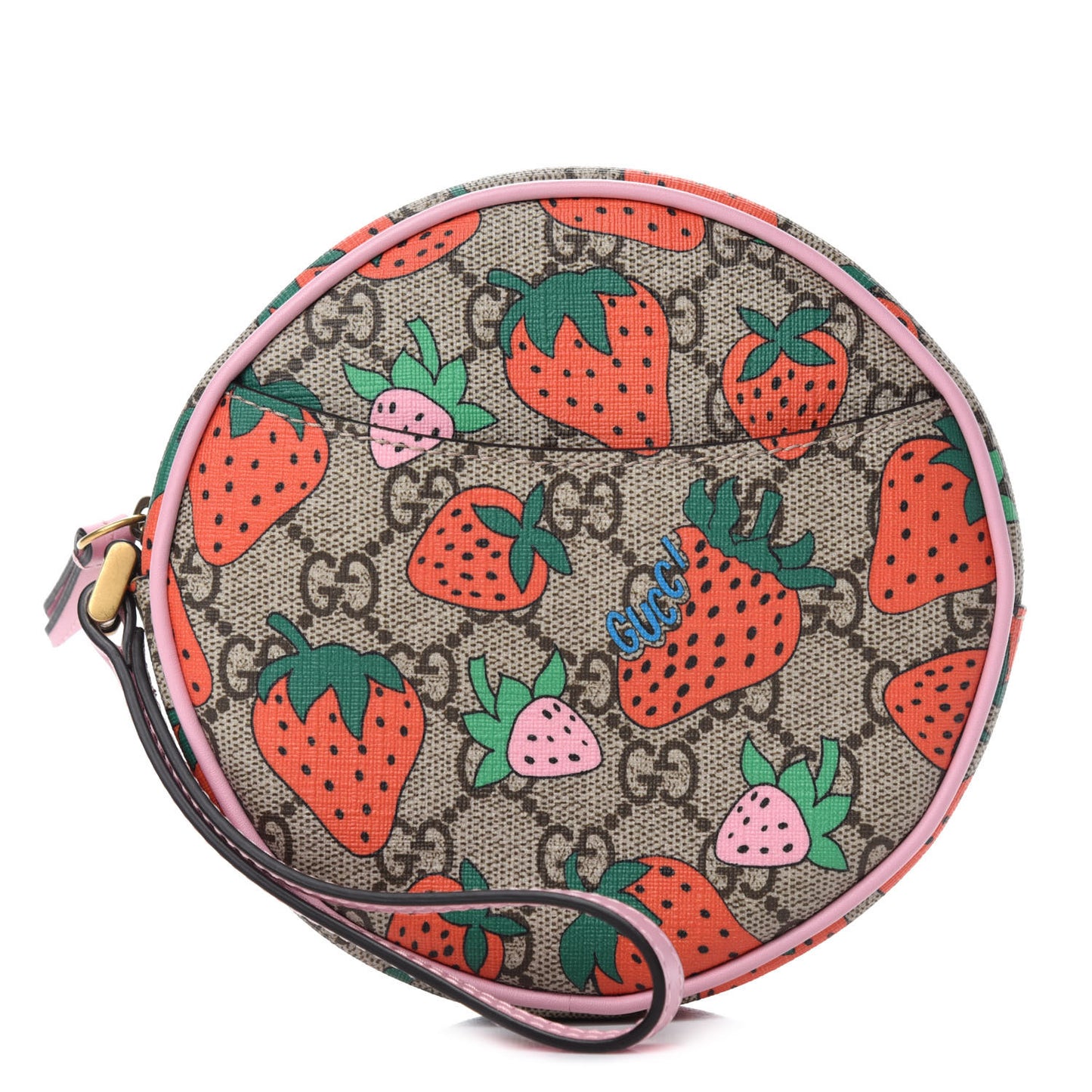GG Supreme Monogram Strawberry Round Wrist Wallet