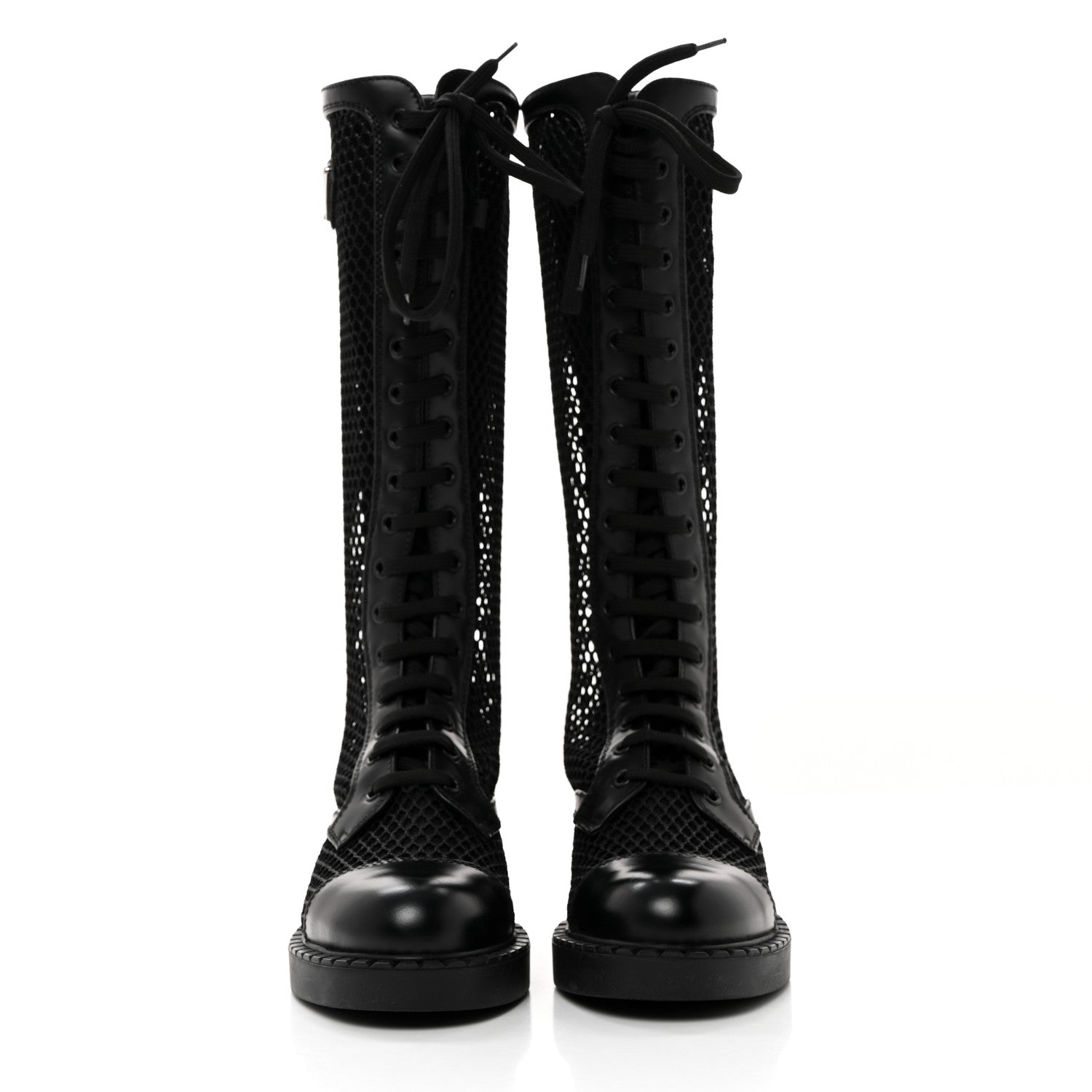 Prada Rete Spazzolato Rois Metal Triangle Logo Womens Knee High 50mm Boots 35 Black 2 of 9