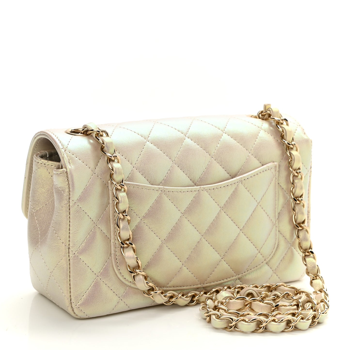 Iridescent Lambskin Quilted Mini Rectangular Flap Ivory