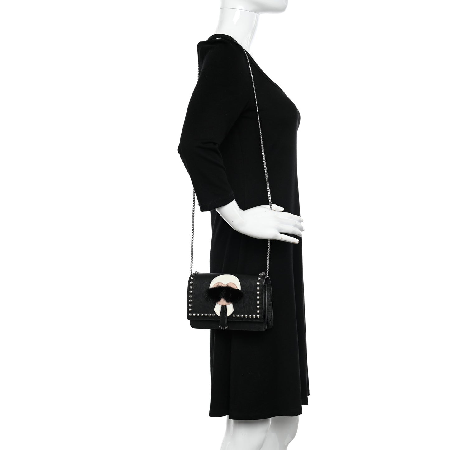 Vitello Elite Mink Fur Studded Karlito Tube Wallet on Chain Black