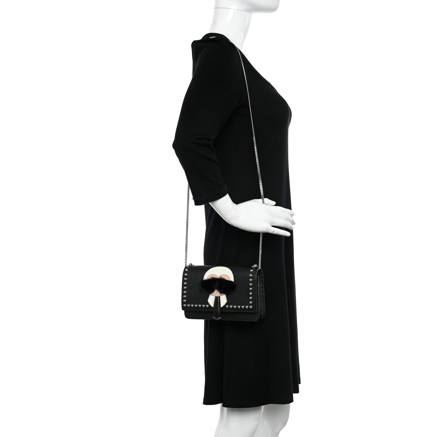 Fendi Vitello Elite Mink Fur Studded Karlito Tube Wallet on Chain Black 2 of 12