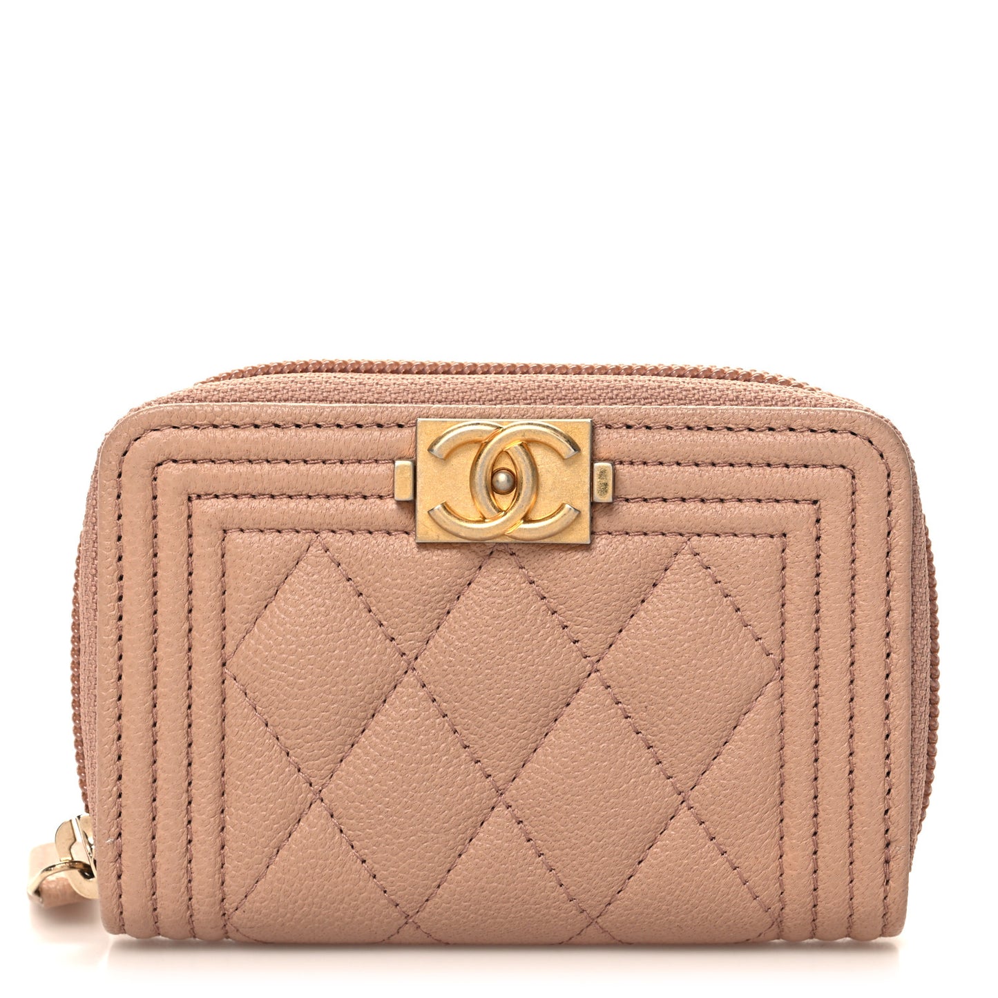 Caviar Quilted Boy Zip Around Coin Purse Wallet Beige