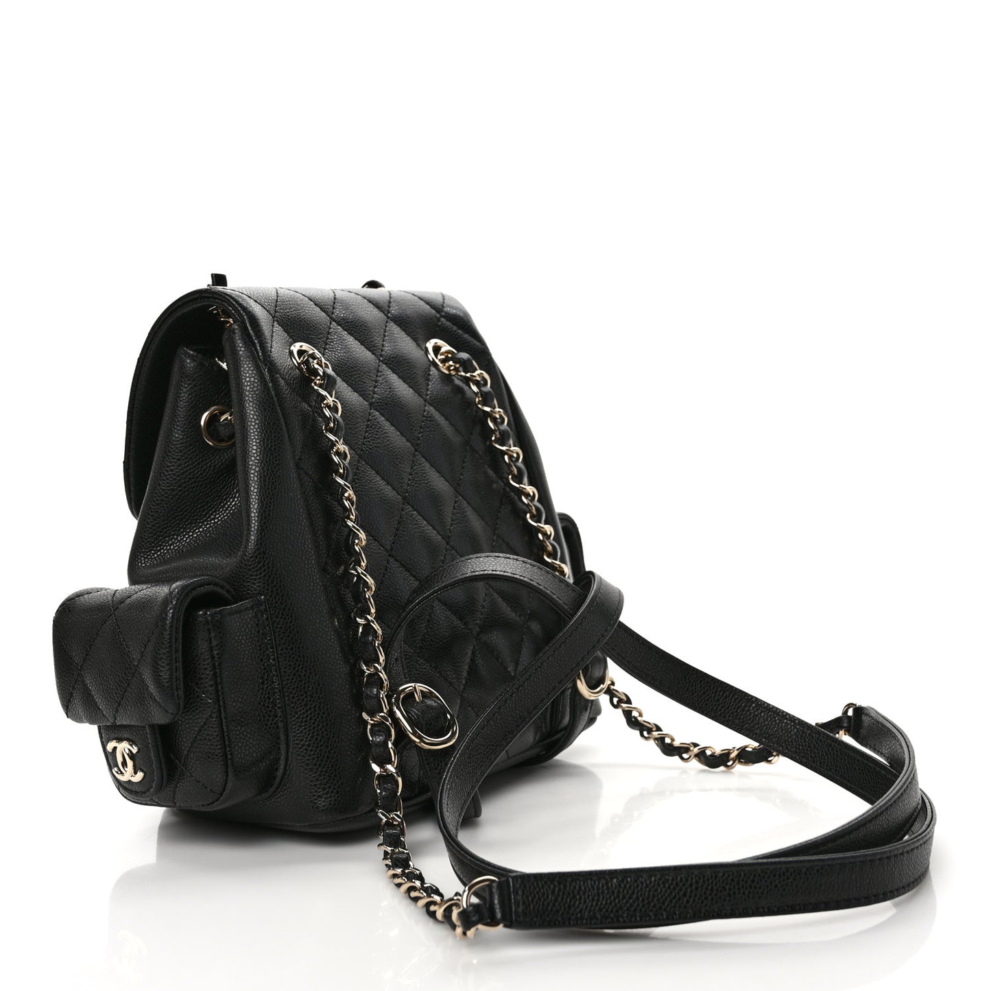 Shiny Caviar Quilted Small Pockets Drawstring Backpack Black