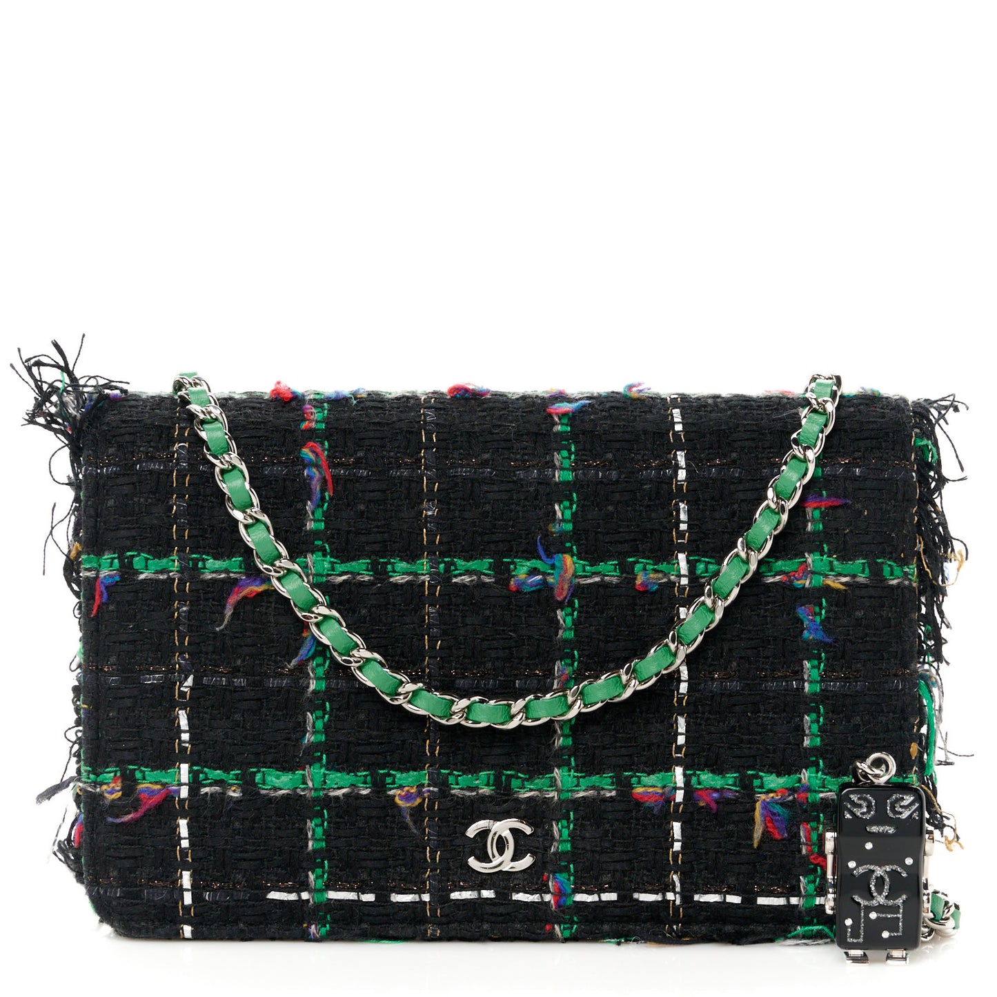 Tweed Fringe Wallet On Chain WOC Black Green