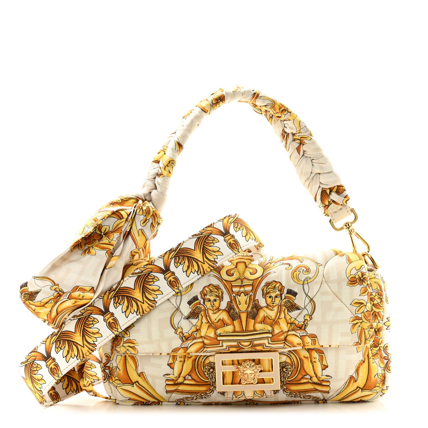 X VERSACE Silk Fendace FF Baroque Quilted Scarf Baguette White Gold
