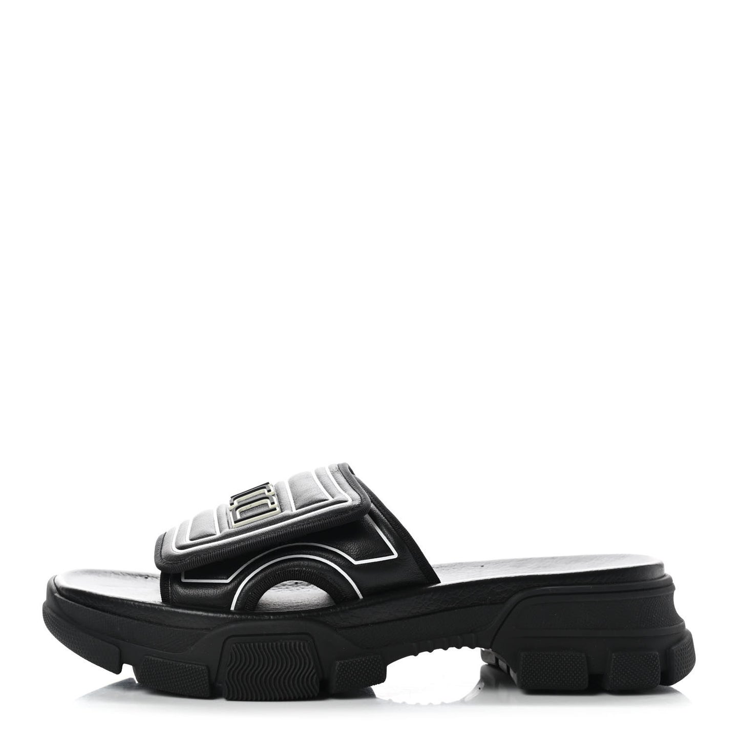 Nappa Grosgrain Logo Mens Velcro Chunky Slide Sandals 7 Black