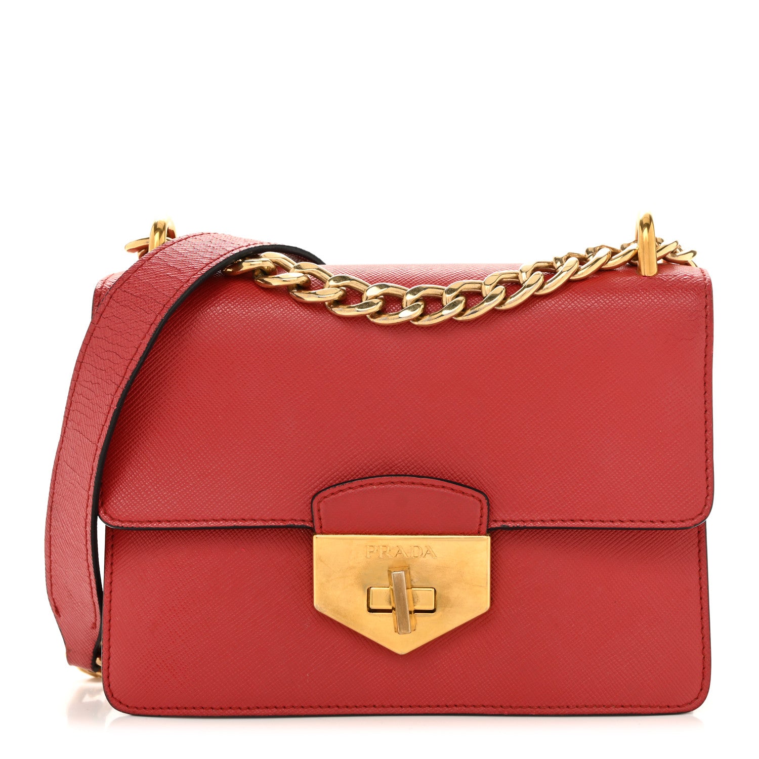 Prada Saffiano Turn Lock Chain Shoulder Bag Fuoco 1804890