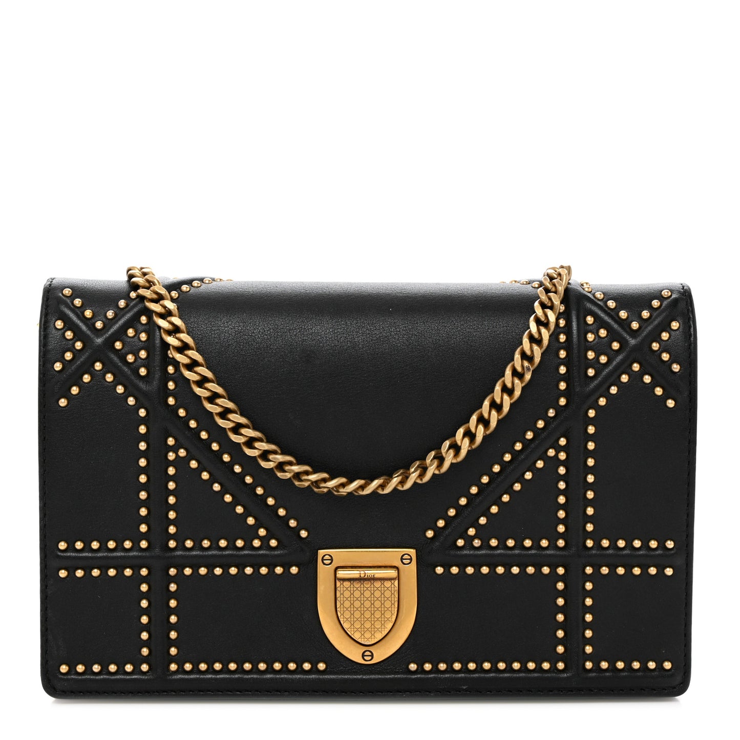 Calfskin Studded Diorama Wallet on Chain Pouch Black