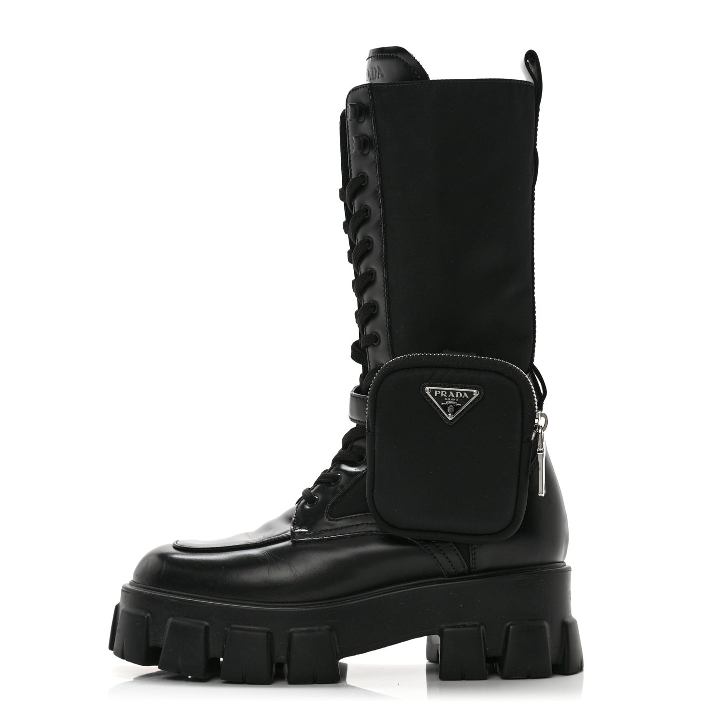 Vitello Lux Nylon Metal Triangle Logo Monolith Pouch Pocket 55mm Tall Combat Boots 38.5 Black