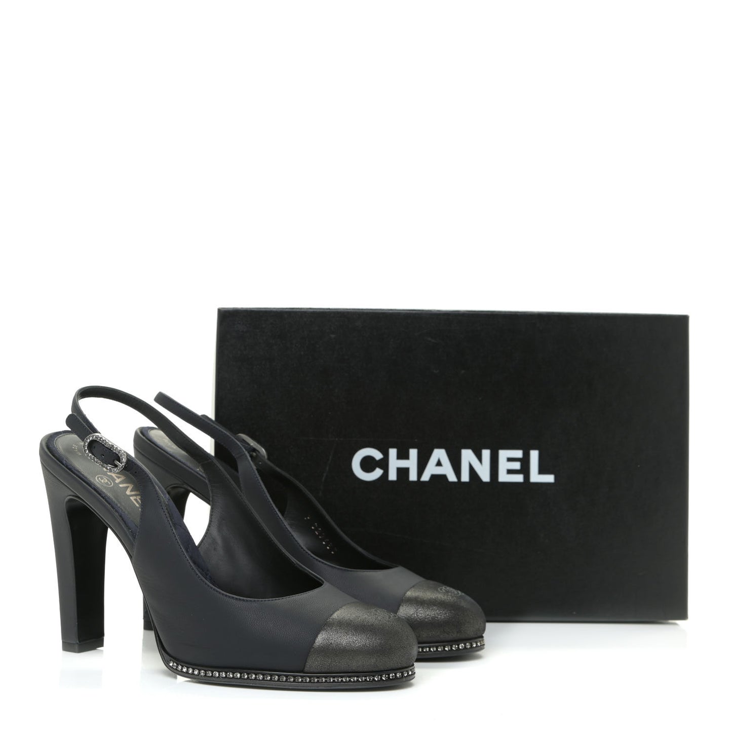 Crystal Cap Toe Slingback Pumps 38.5 Marine Gris Fonce