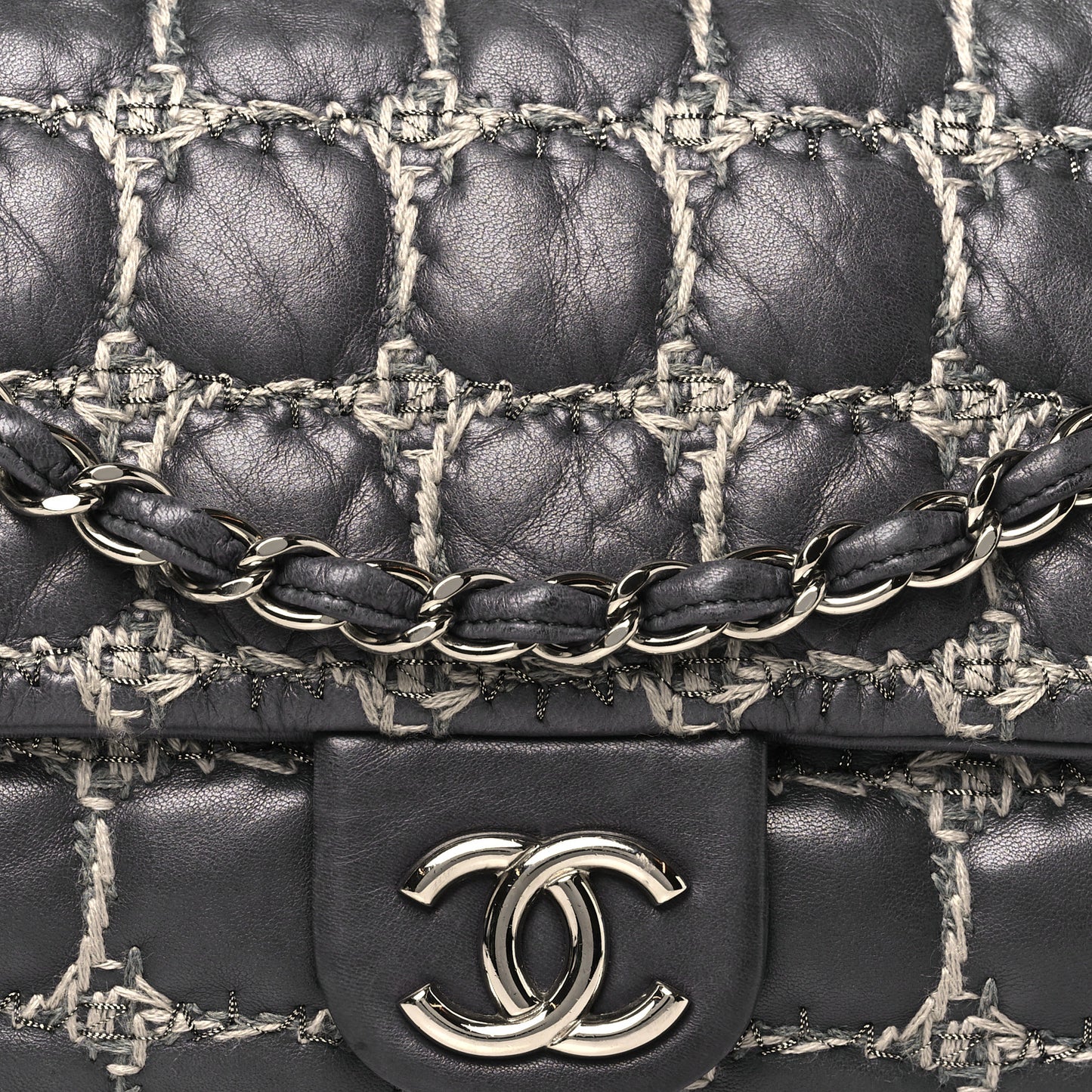 Lambskin Tweed Double Stitch Maxi Flap Grey