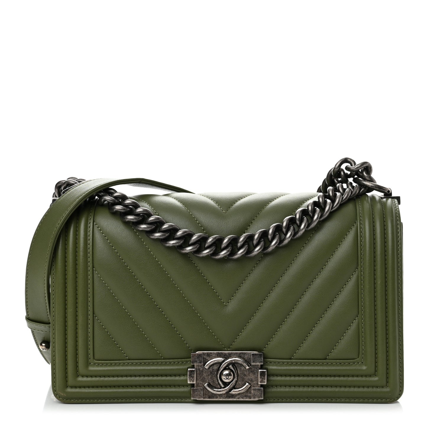 Calfskin Chevron Quilted Medium Boy Flap Dark Green