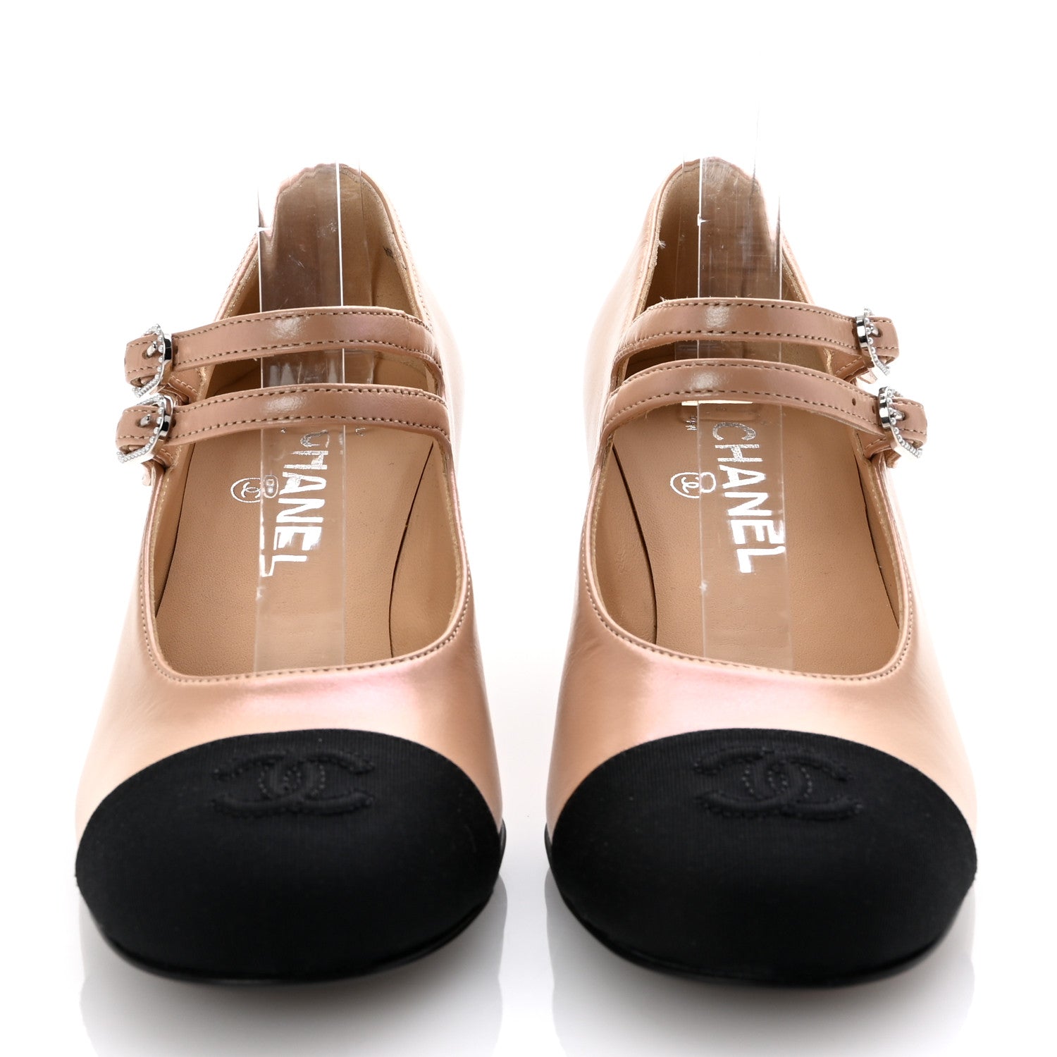 Chanel Iridescent Lambskin Grosgrain Pearl Mary Jane Pumps 37 Beige Black 3 of 9