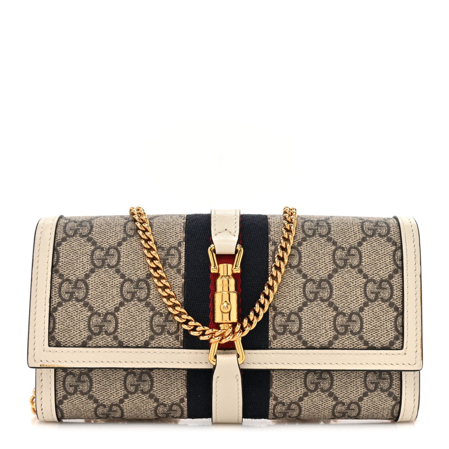 GG Supreme Monogram Textured Calfskin Web Jackie 1961 Chain Wallet Beige Ebony Mystic White