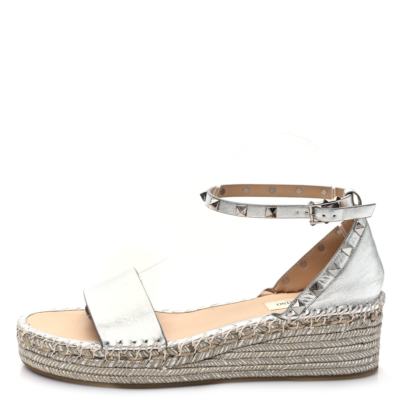 Metallic Grained Calfskin Rockstud Ankle Wrap Espadrille Flatform Sandals 40 Silver
