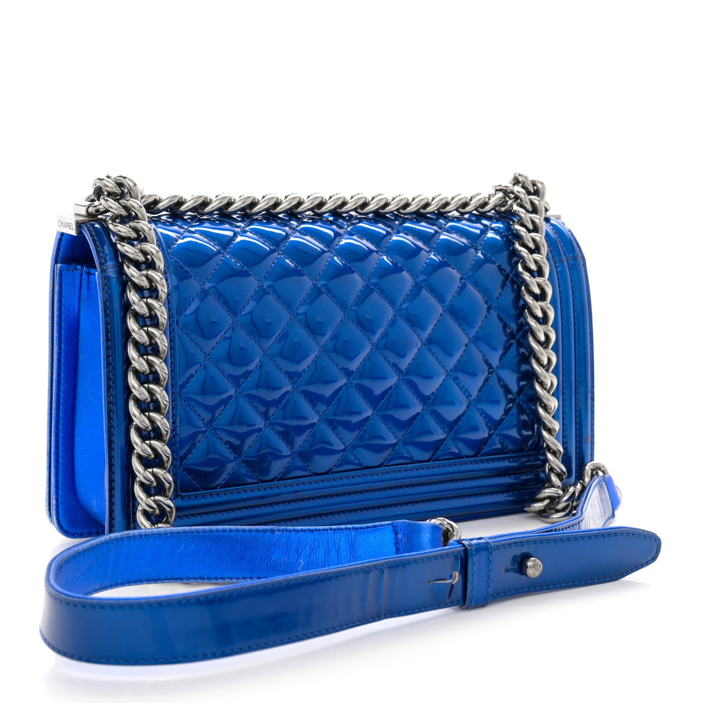Metallic Patent Quilted Medium Boy Flap Blue
