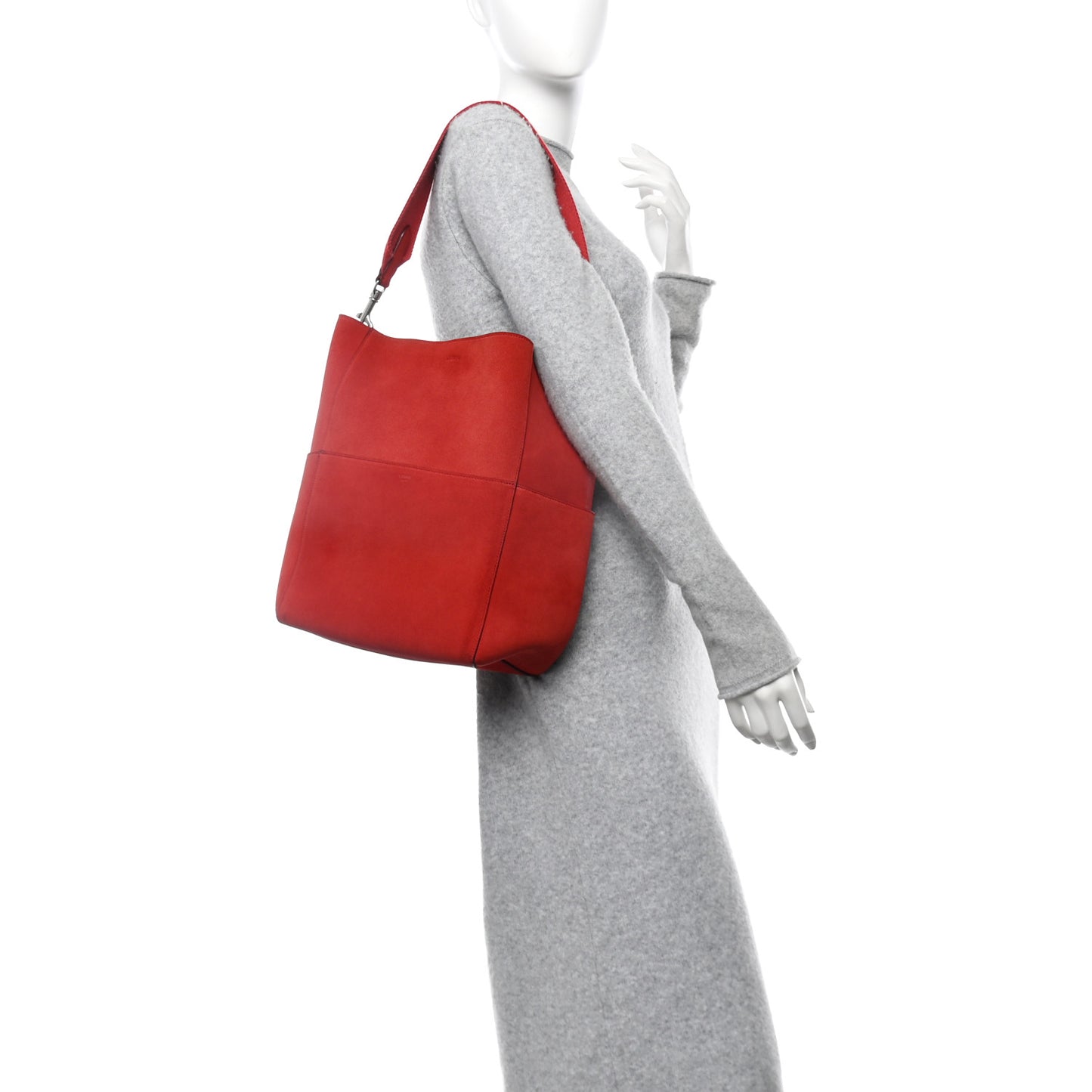 Suede Calfskin Sangle Bucket Bag Red