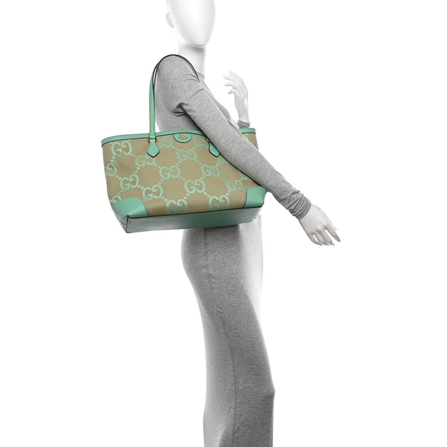 Monogram Jumbo GG Textured Dollar Calfskin Medium Ophidia Shopping Tote Beige Pepperlight Mint
