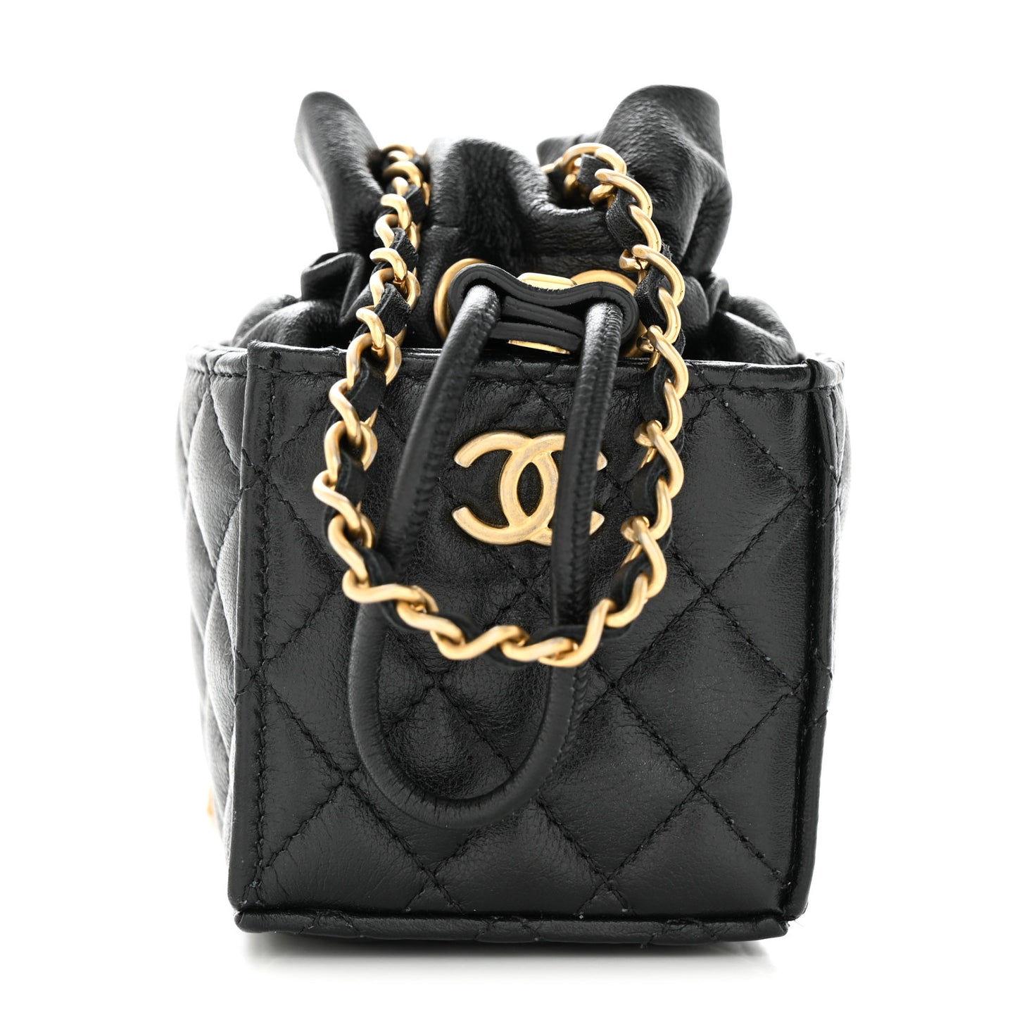 Calfskin Quilted Mini Drawstring Bucket Bag Black