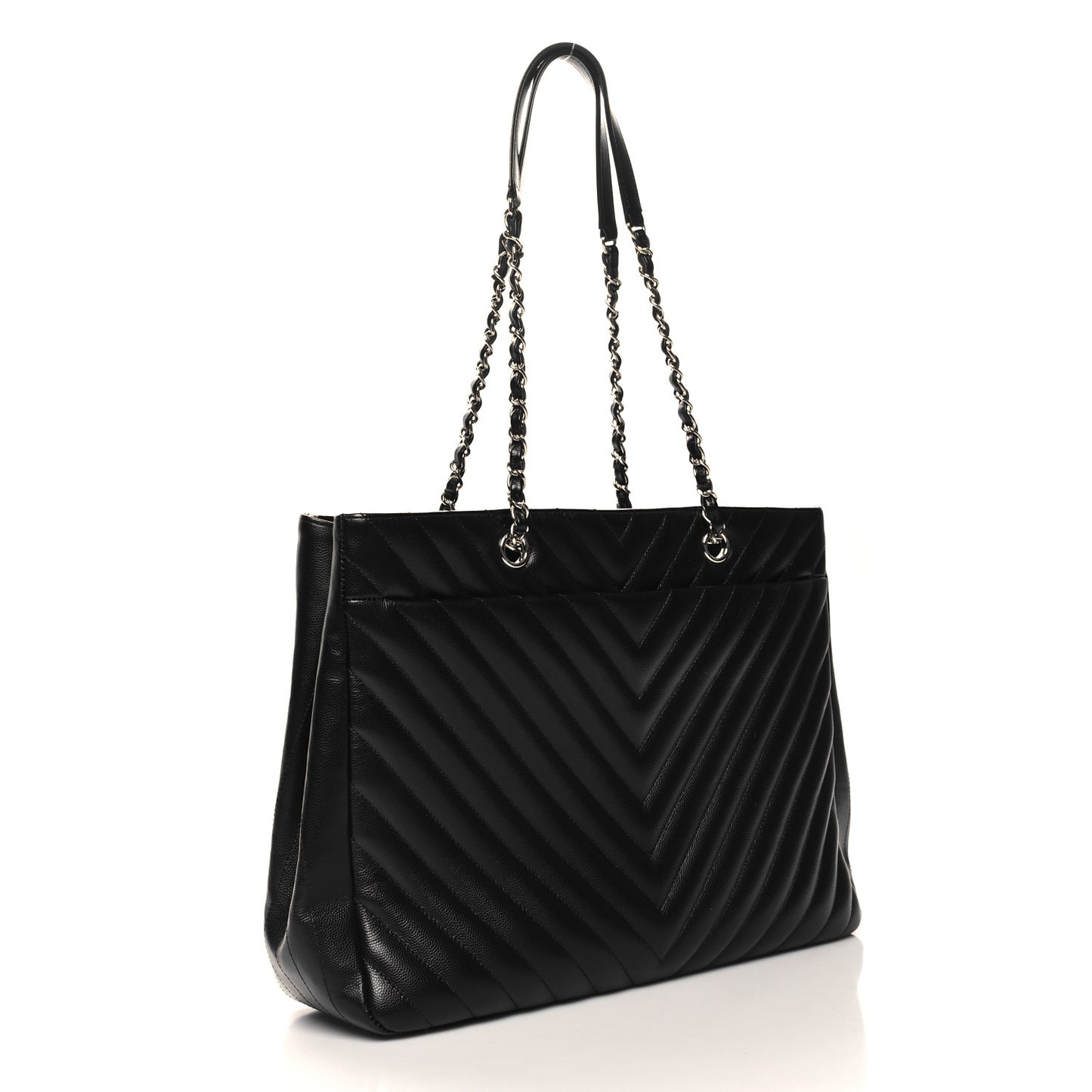 Caviar Chevron Quilted Large Shopping Tote Black