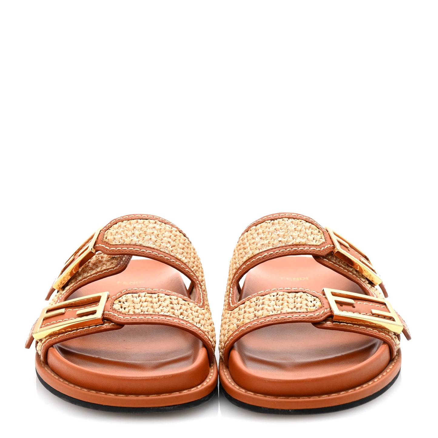 Raffia Vitello Womens Fendi Feel Buckled Slide Sandals 39 Paglia Brandy
