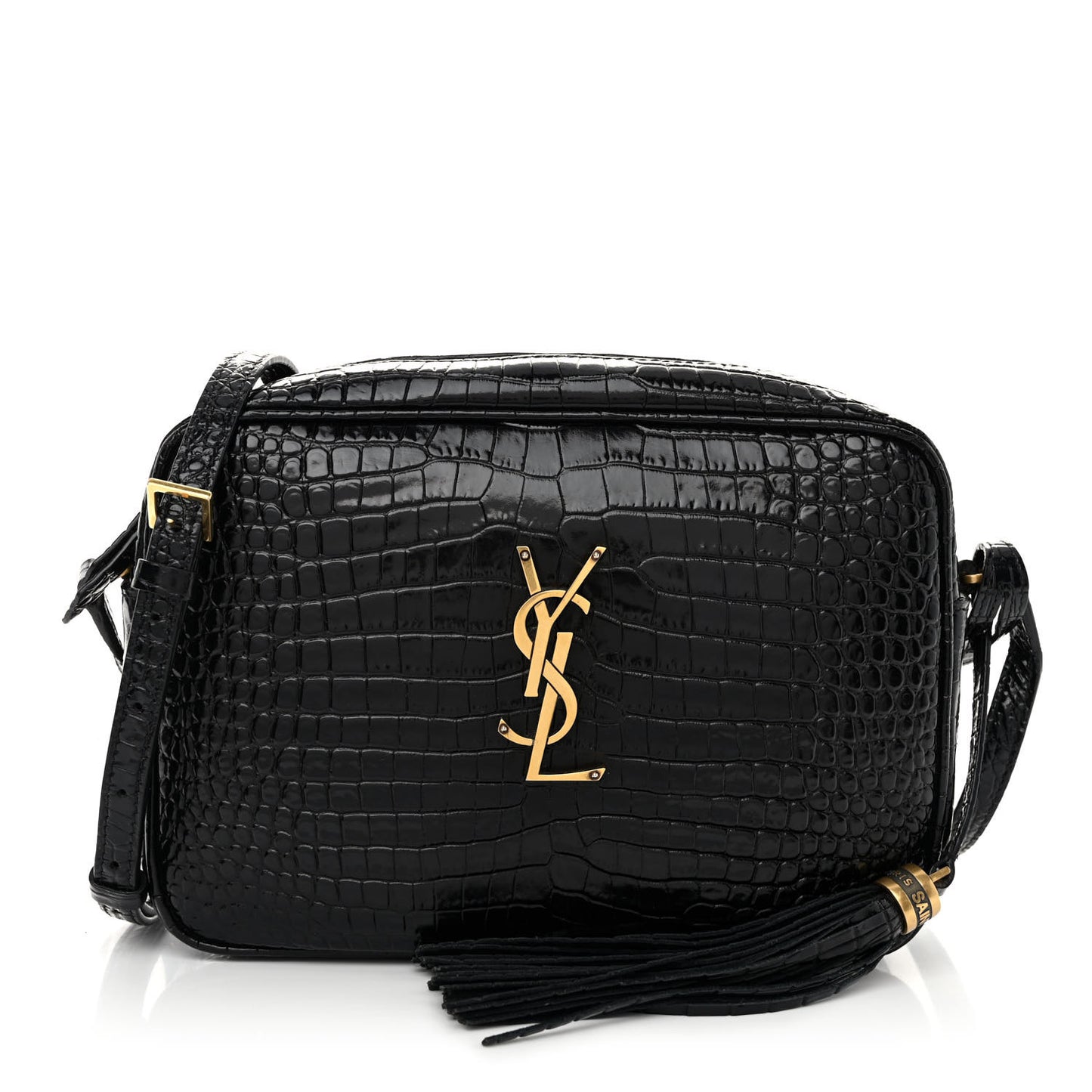 Patent Calfskin Crocodile Embossed Monogram Lou Camera Bag Black