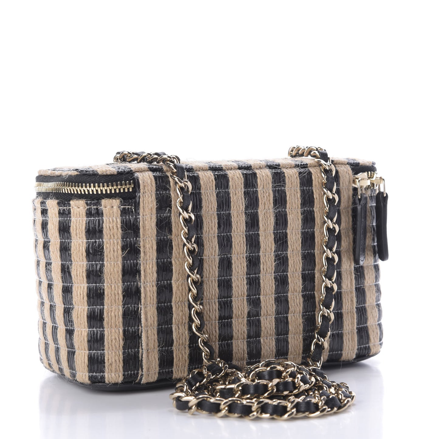 Raffia Jute Striped Small Vanity Case With Chain Black Beige