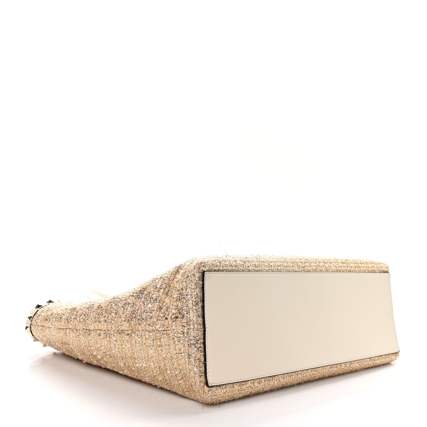 Metallic Boucle Raffia Calfskin Rockstud Shoulder Tote White Gold Ivory