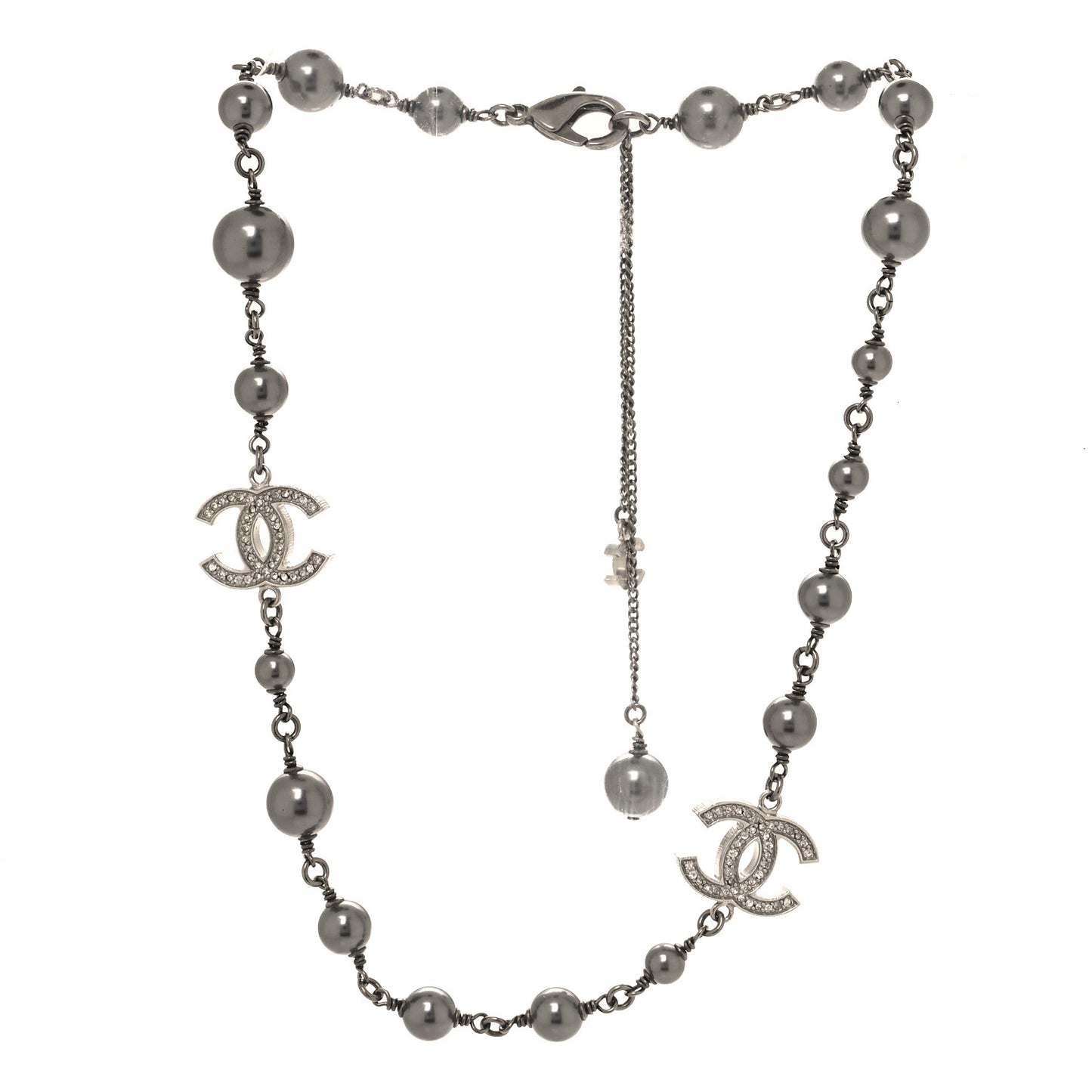 Pearl Crystal Bead CC Necklace Ruthenium