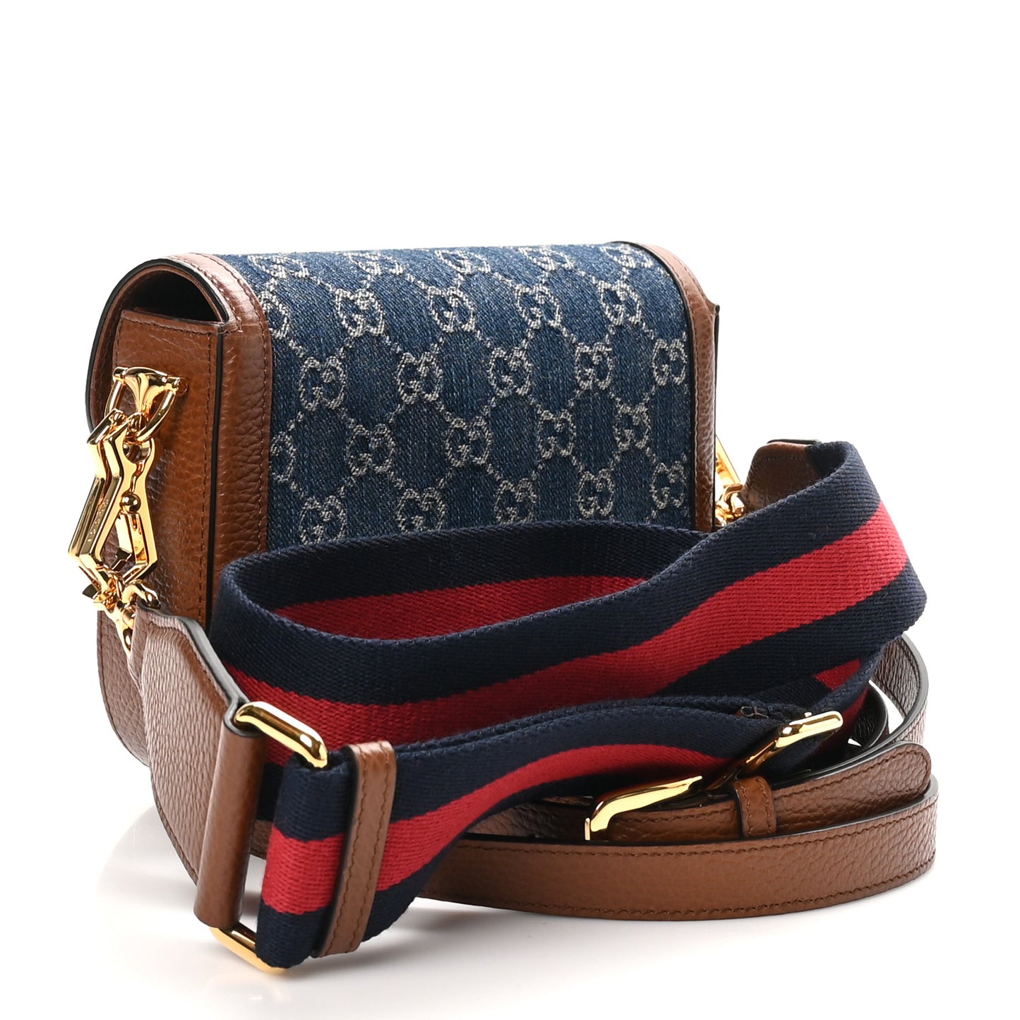 New Denim GG Monogram Dollar Calfskin Web Mini Horsebit 1955 Shoulder Bag Blue Tea Cuir Epilog