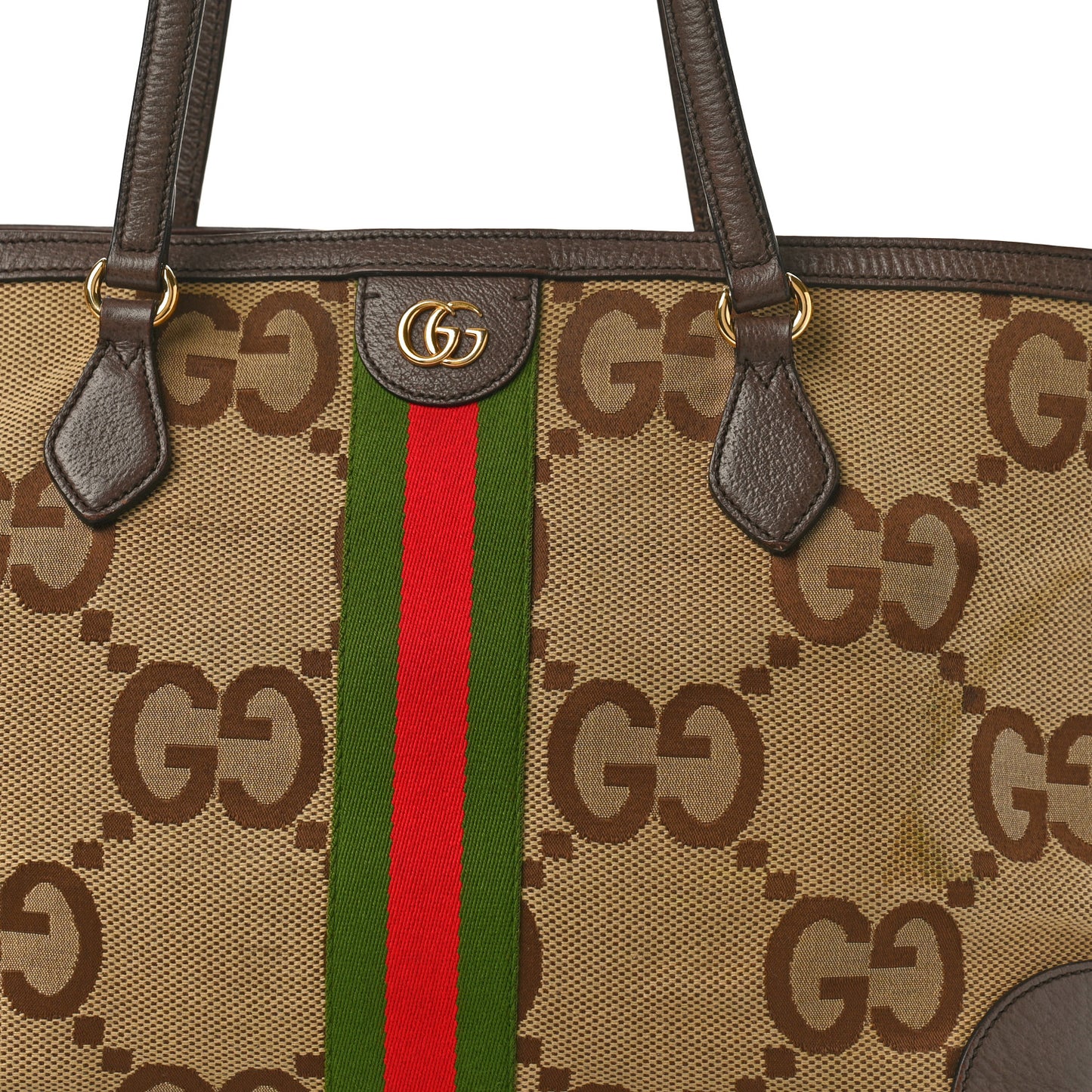 Monogram Jumbo GG Textured Dollar Calfskin Web Medium Ophidia Shopping Tote Camel Ebony