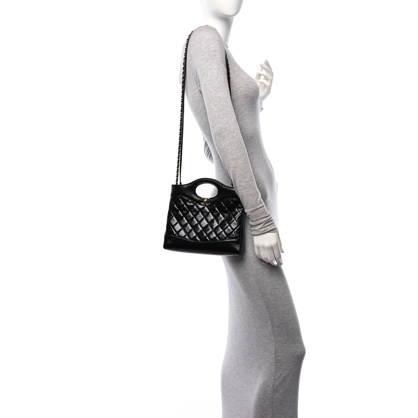 Shiny Crumpled Calfskin Quilted Mini 31 Shopping Bag Black