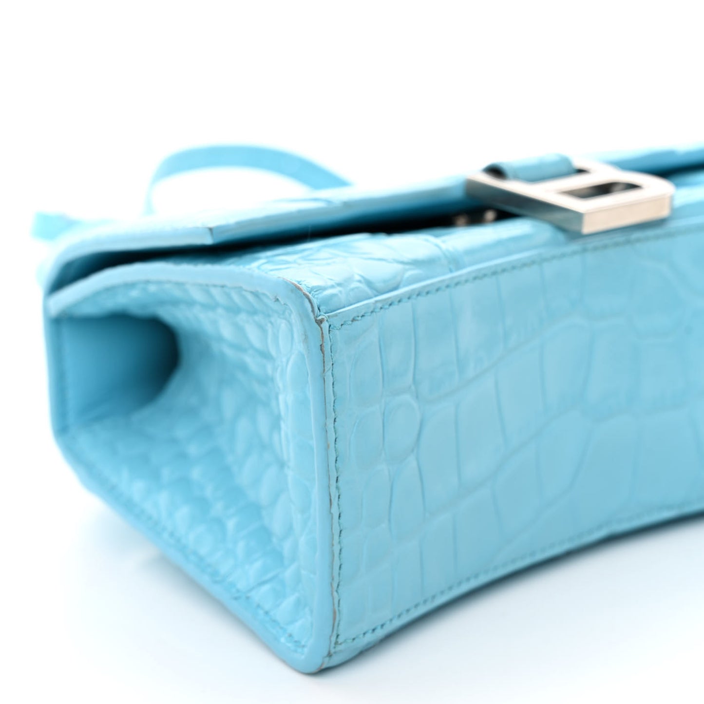 Shiny Calfskin Crocodile Embossed Hourglass Top Handle Bag XS Bright Bleu