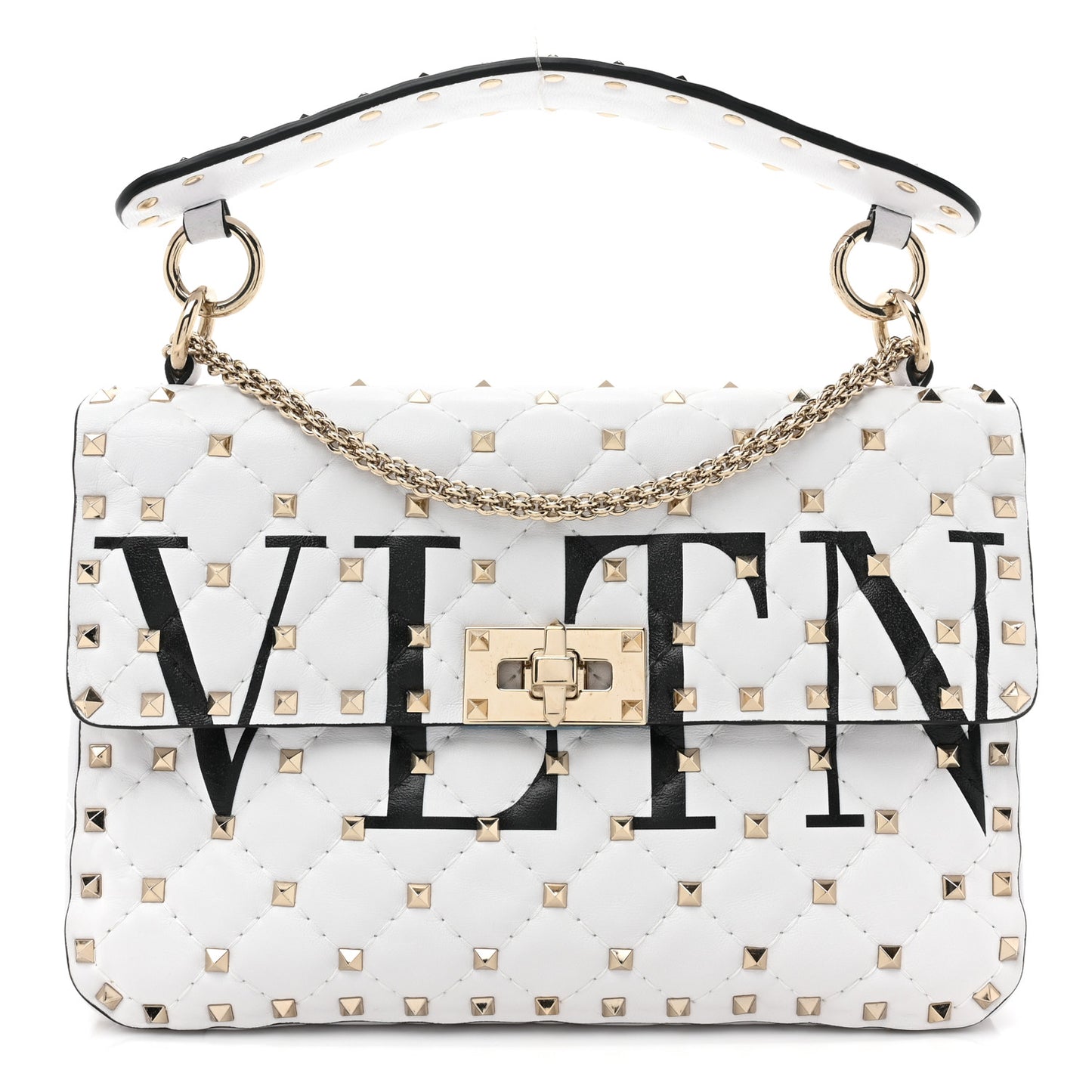 Lambskin VLTN Print Medium Rockstud Spike Shoulder Bag Optic White Black