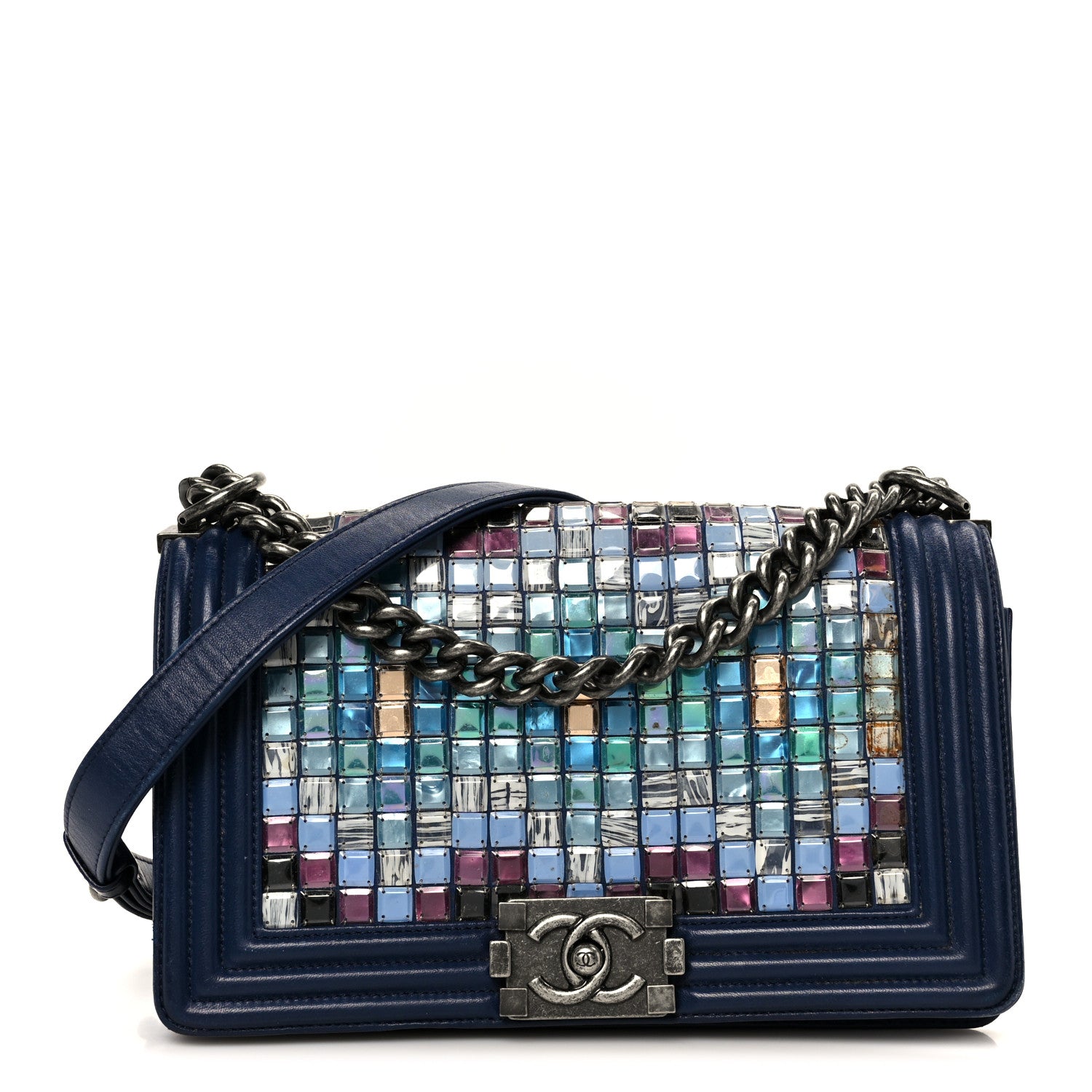 CHANELノベルティリック Chanel Lambskin Tile Medium Mosaic Boy Flap Navy Multicolor