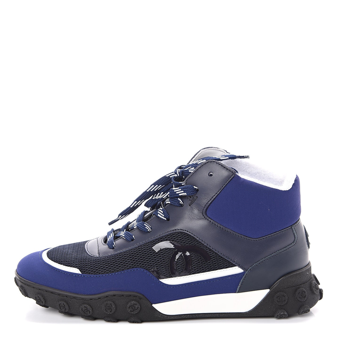 Calfskin Mesh Lycra Womens Logo High Top Sneakers 37 Navy