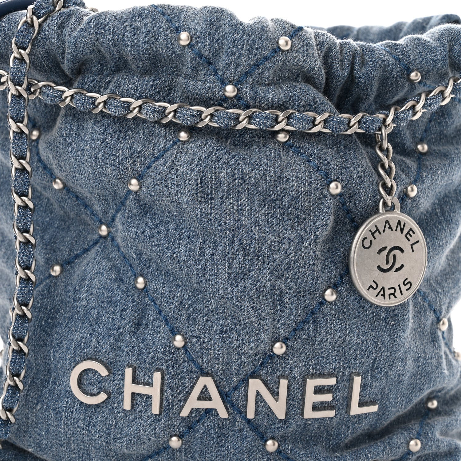 Chanel Washed Denim Quilted Studded Mini Chanel 22 Blue 8 of 11