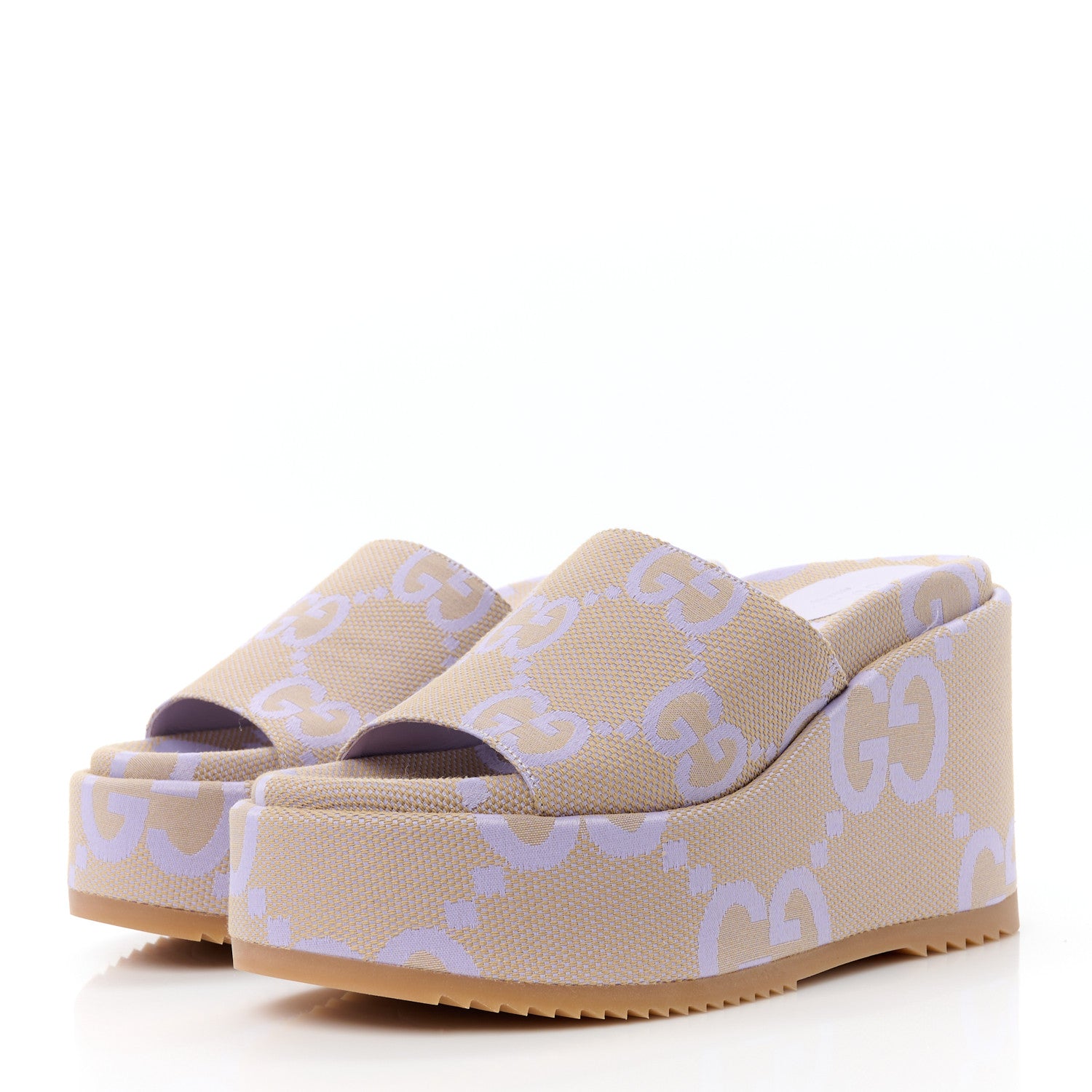 Gucci Monogram Jumbo GG Platform Slide Wedge Sandals 39 Beige Lapis 3 of 10
