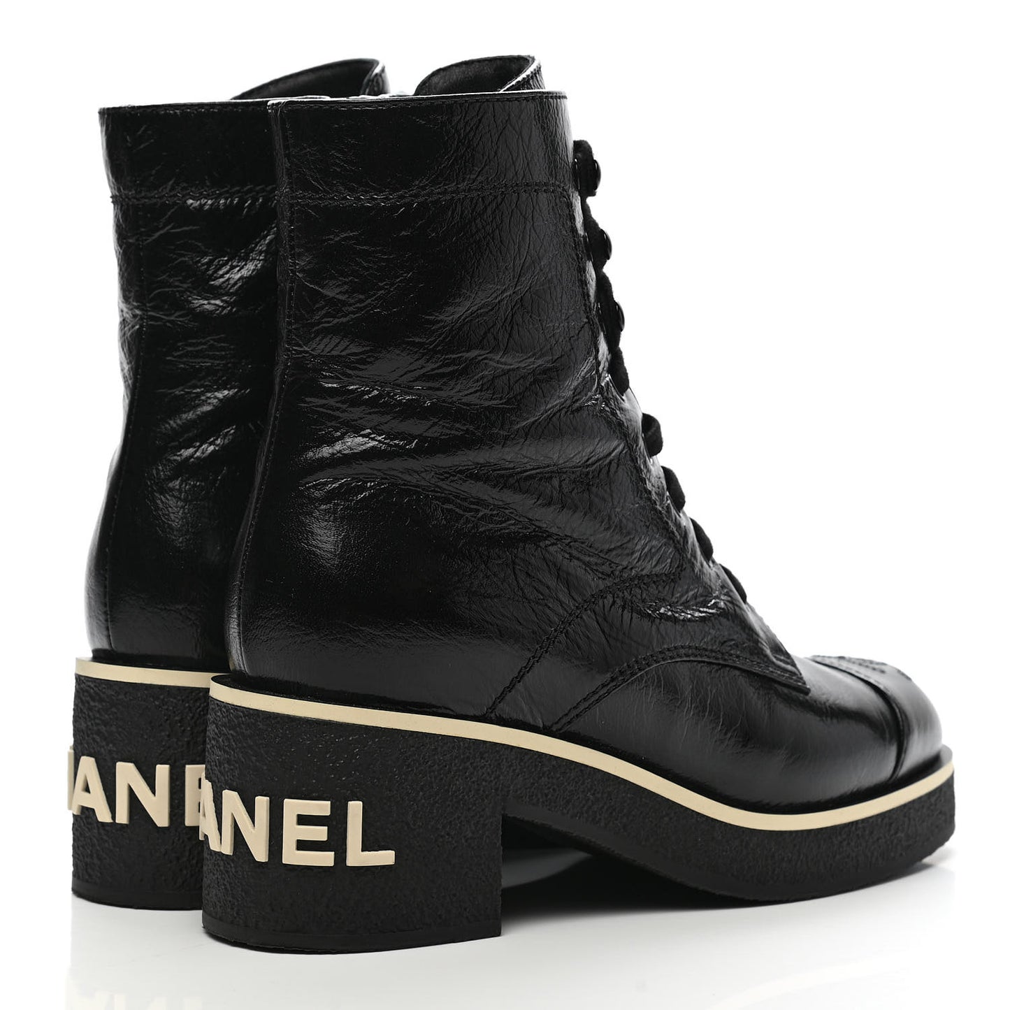 Shiny Crumpled Lambskin Lace Up Combat Boots 36 Black