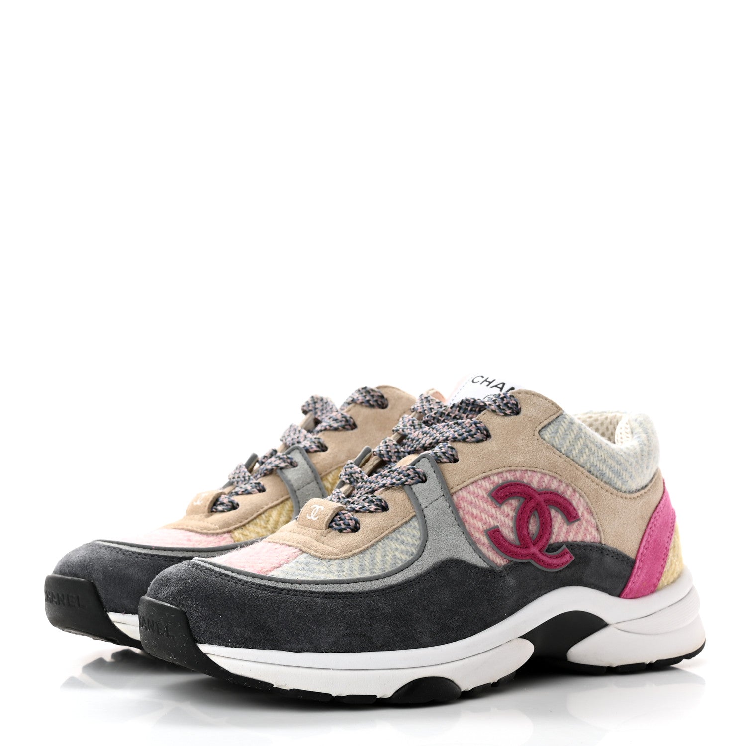 Chanel Tweed Suede CC Sneakers 36 Grey Pink Multicolor 3 of 12