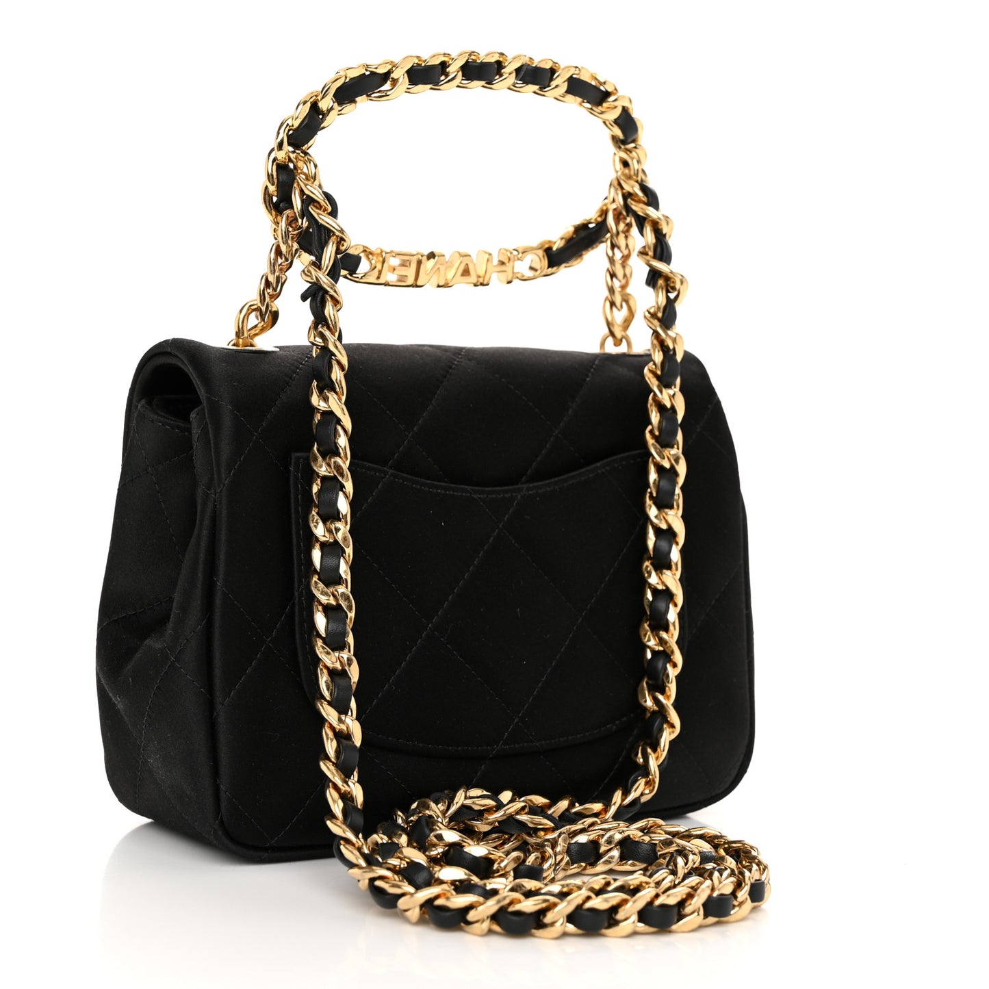 Satin Quilted Mini Logo Flap With Handle Black
